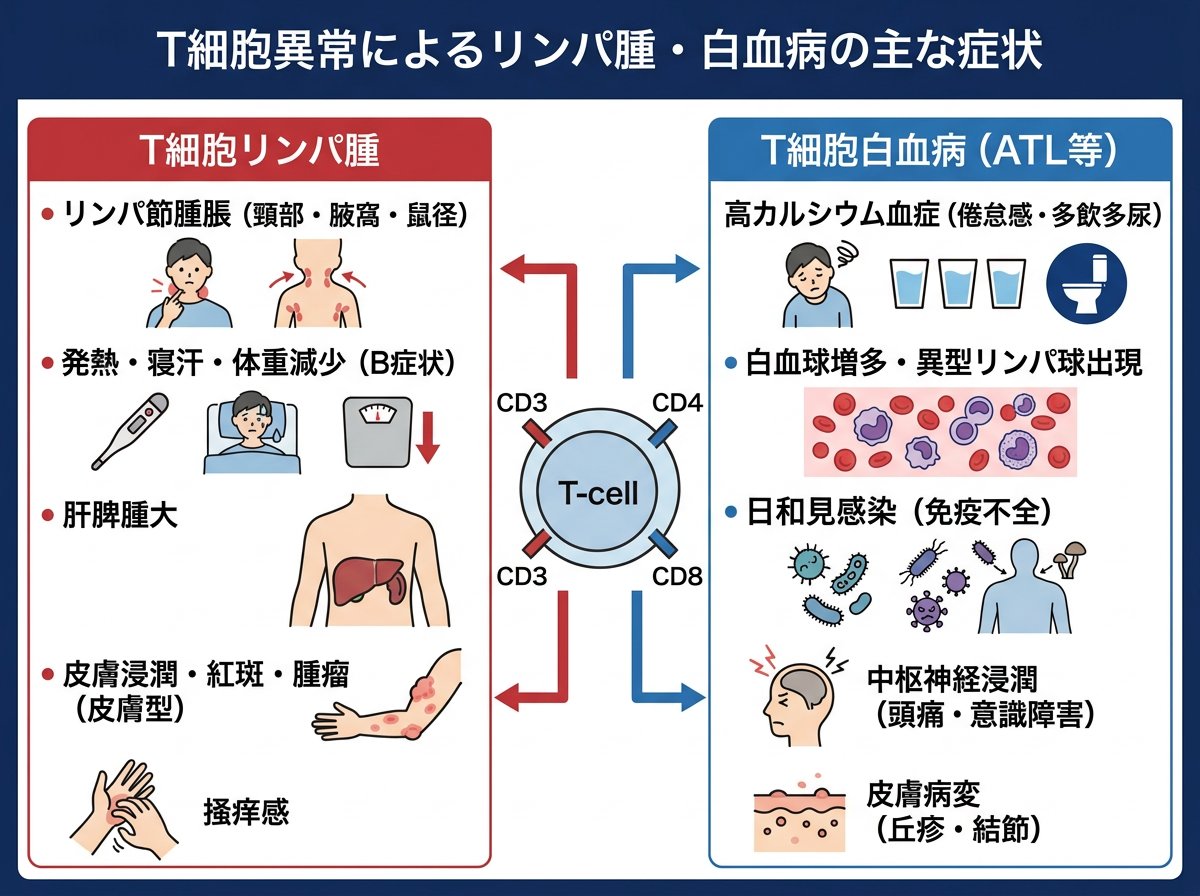 T細胞の異常によるリンパ腫と白血病の主な症状