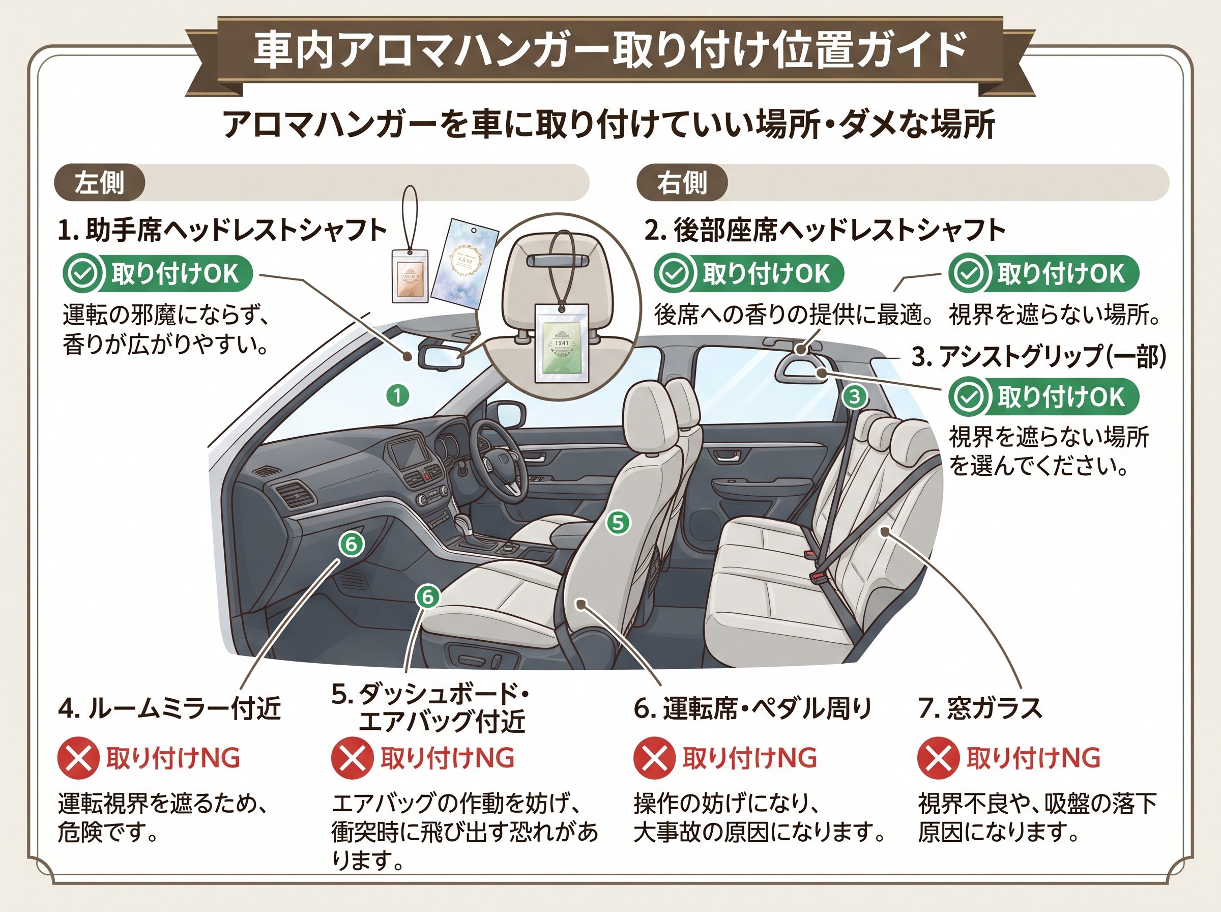 アロマハンガーを車に取り付けていい場所・ダメな場所