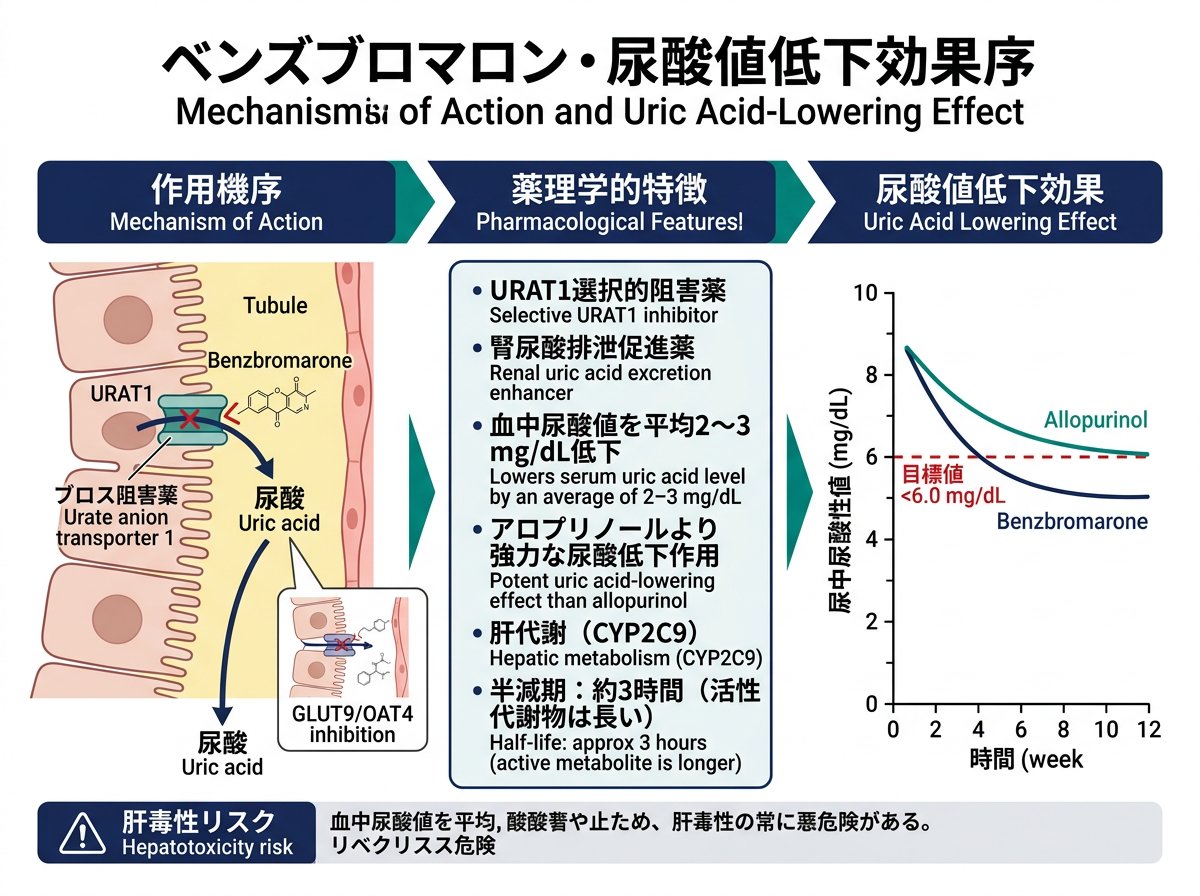 ベンズブロマロンの作用機序と尿酸値低下効果の特徴
