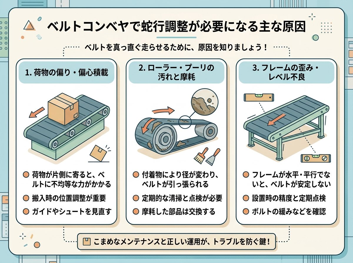 ベルトコンベヤで蛇行調整が必要になる主な原因とは