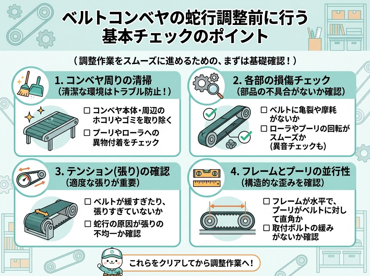 ベルトコンベヤの蛇行調整前に行う基本チェックのポイント