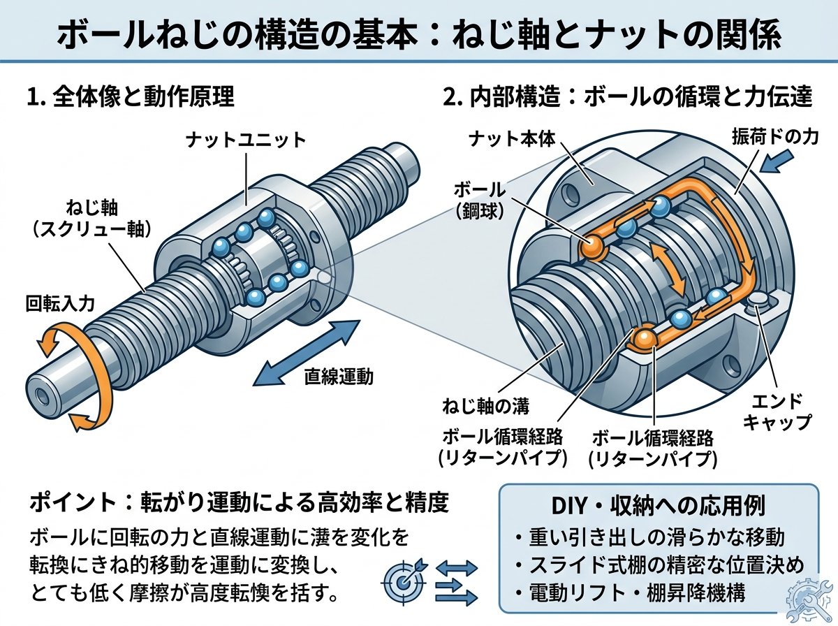 ボールねじの構造の基本:ねじ軸とナットの関係