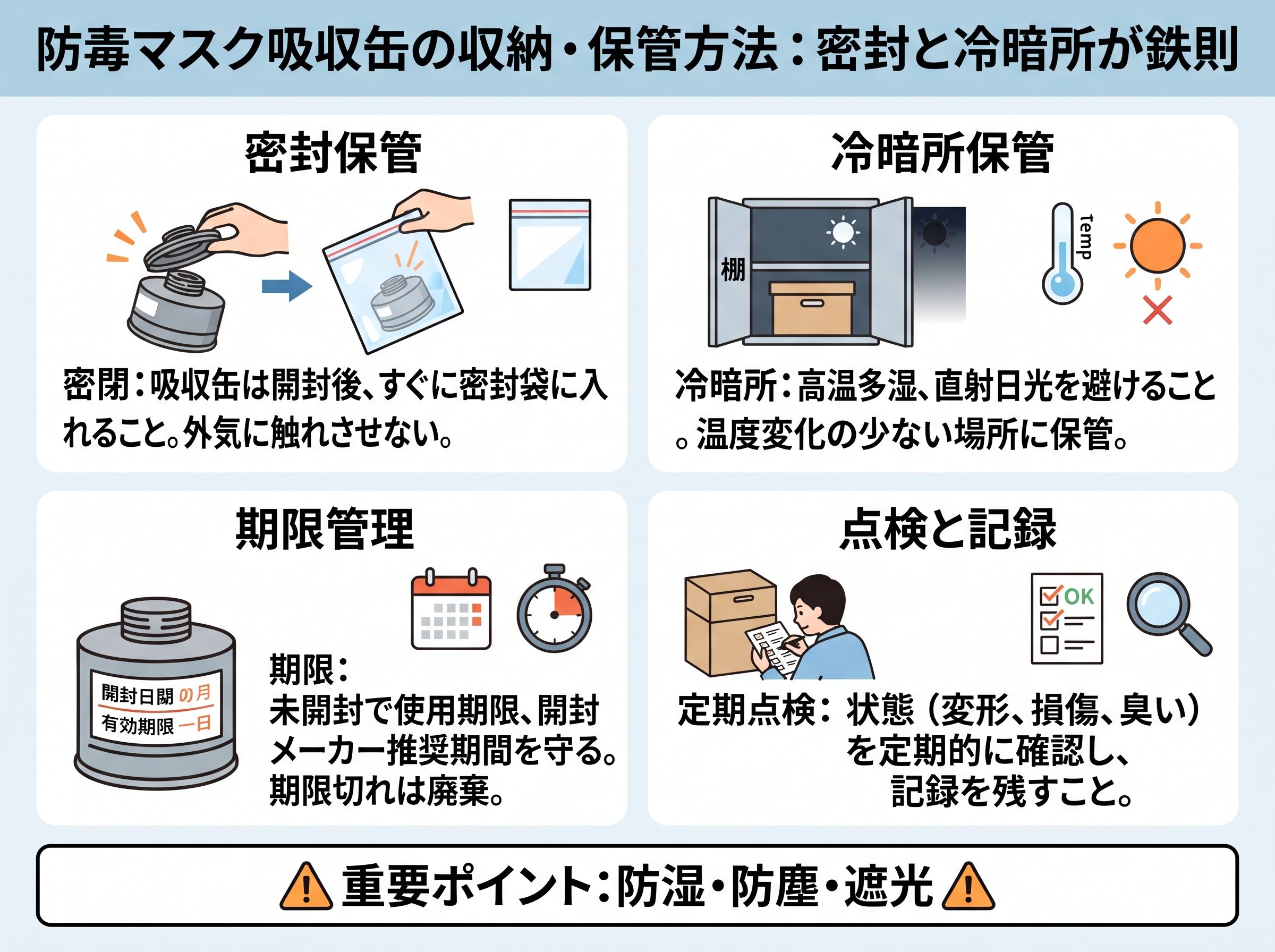 防毒マスク吸収缶の収納・保管方法：密封と冷暗所が鉄則