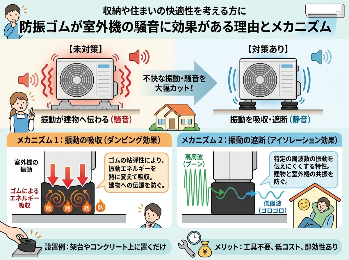 防振ゴムが室外機の騒音に効果がある理由とメカニズム
