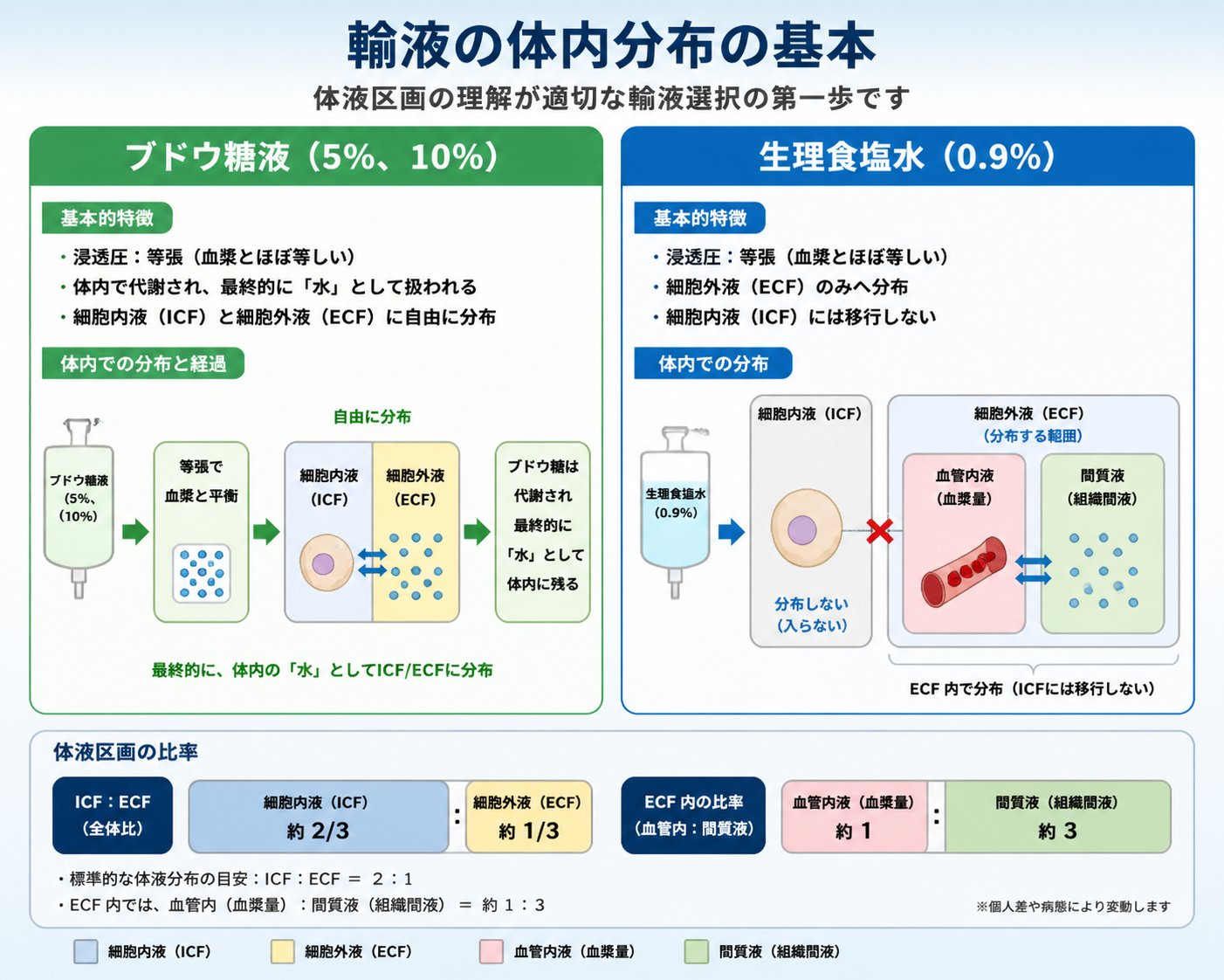 ブドウ糖液と生理食塩水の基本特性と分布
