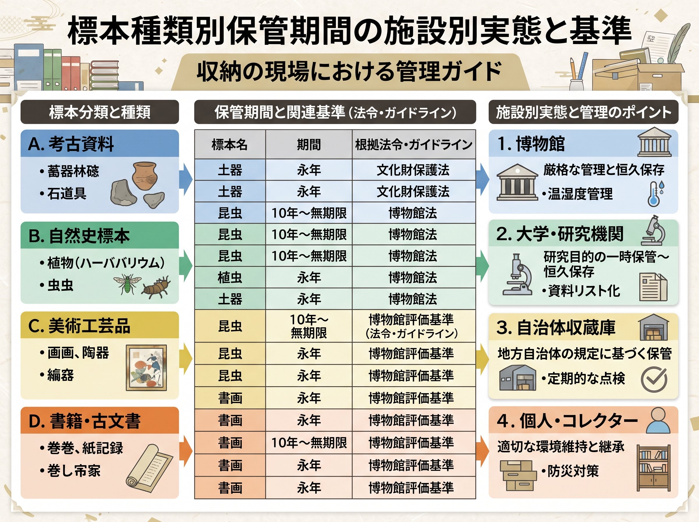 標本種類別保管期間の施設別実態と基準