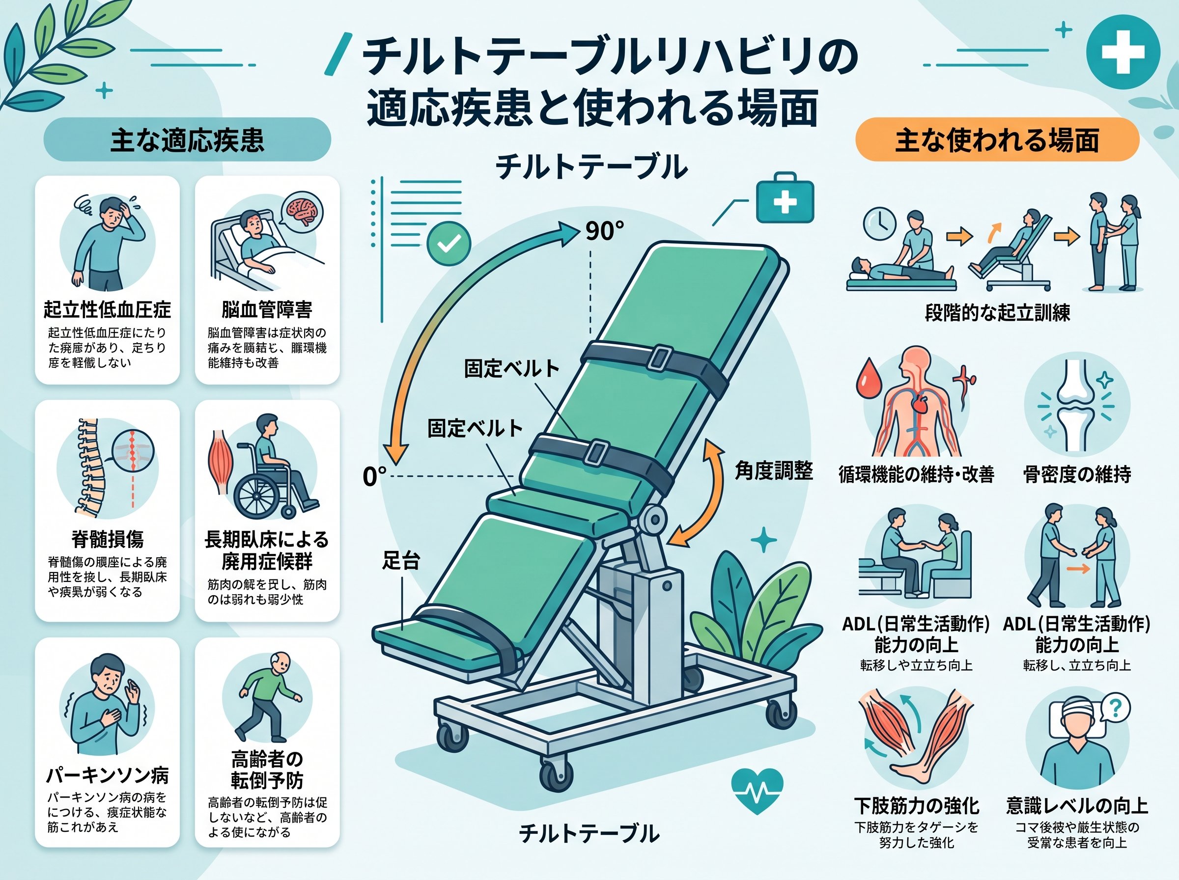 チルトテーブルのリハビリの適応疾患と使われる場面
