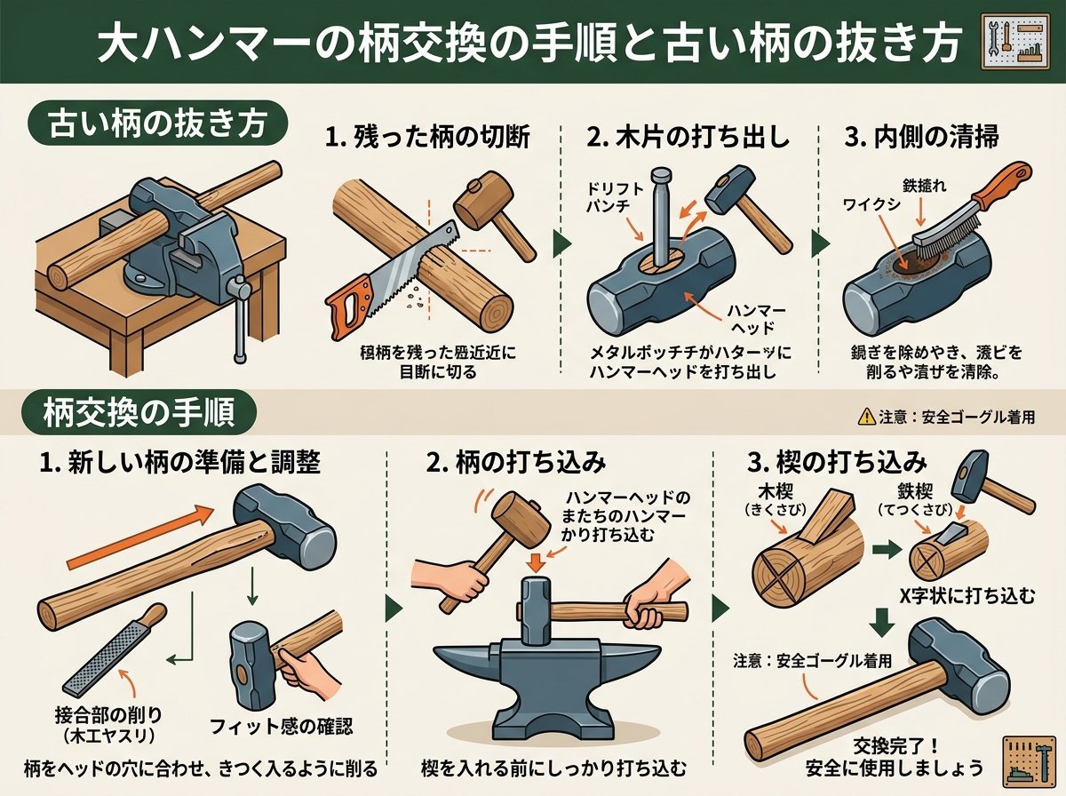 大ハンマーの柄交換の手順と古い柄の抜き方
