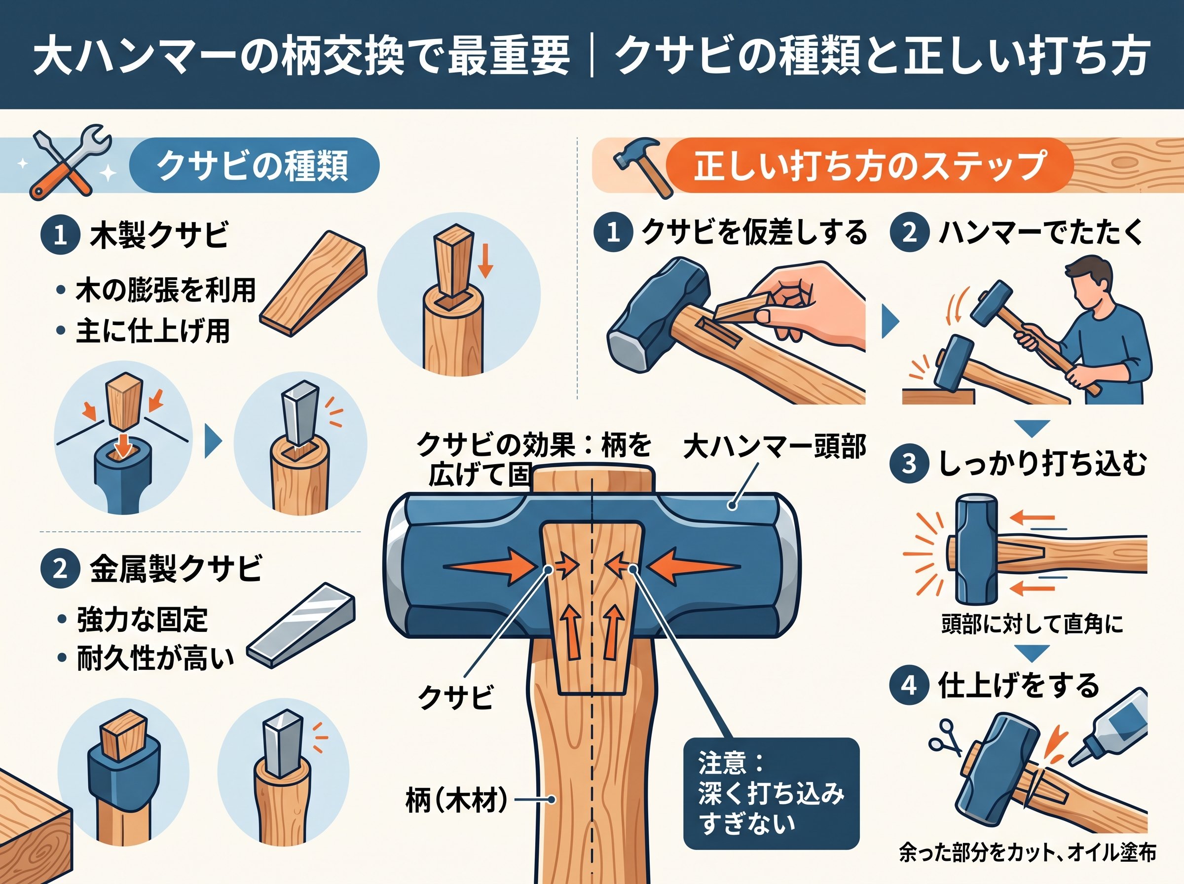 大ハンマーの柄交換で最重要｜クサビの種類と正しい打ち方
