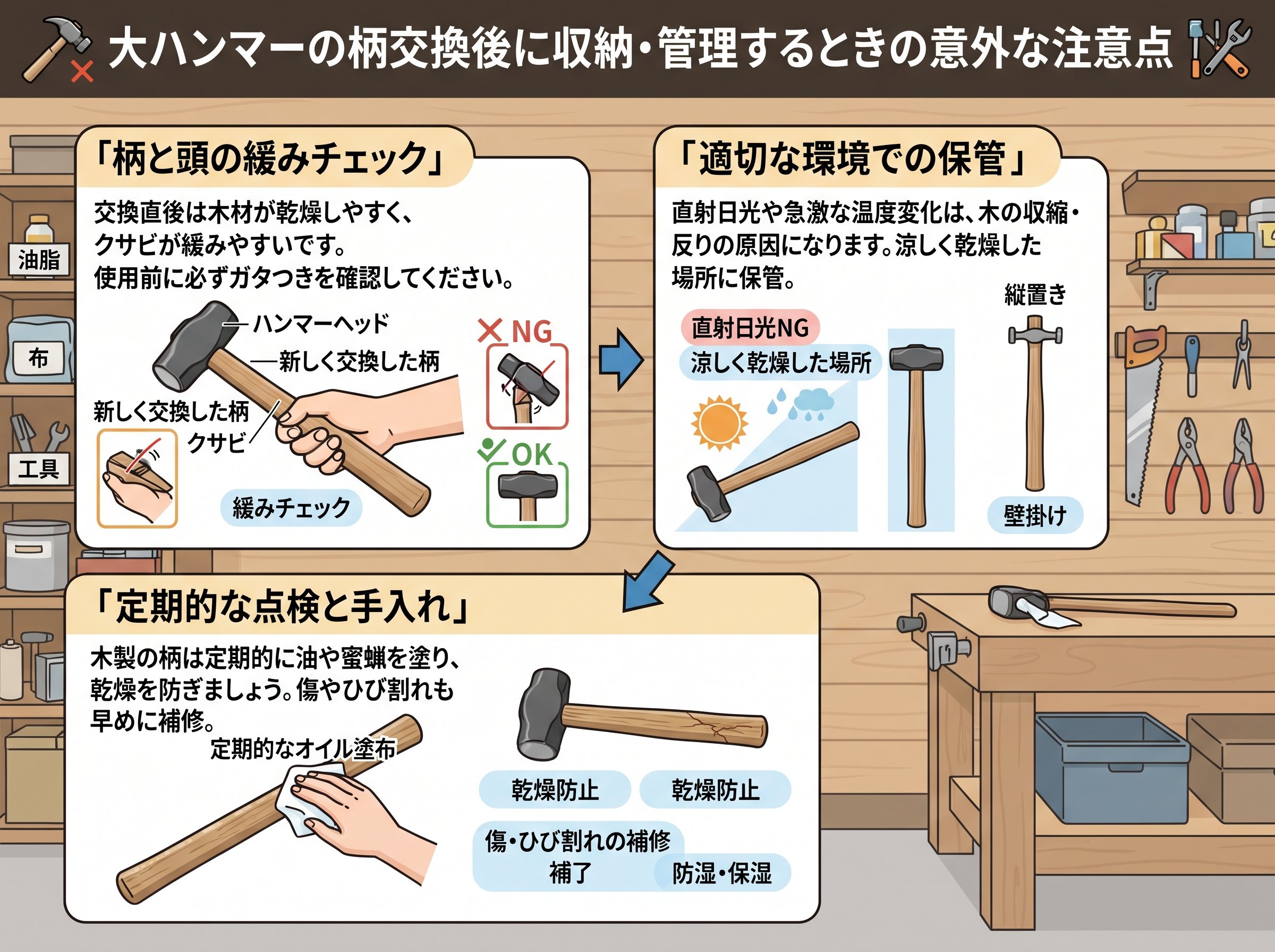 大ハンマーの柄交換後に収納・管理するときの意外な注意点