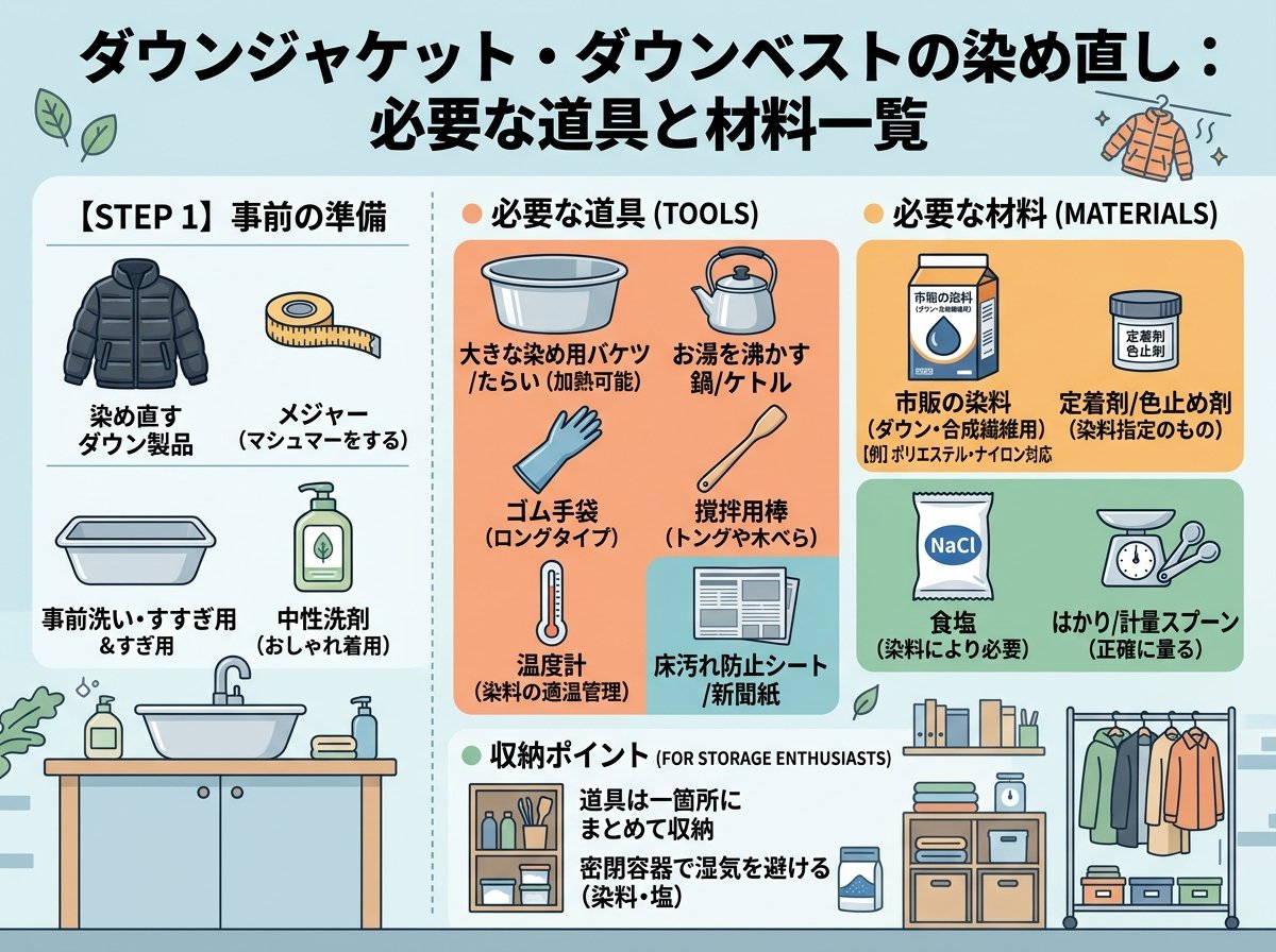 ダウン染め直しに必要な道具と材料