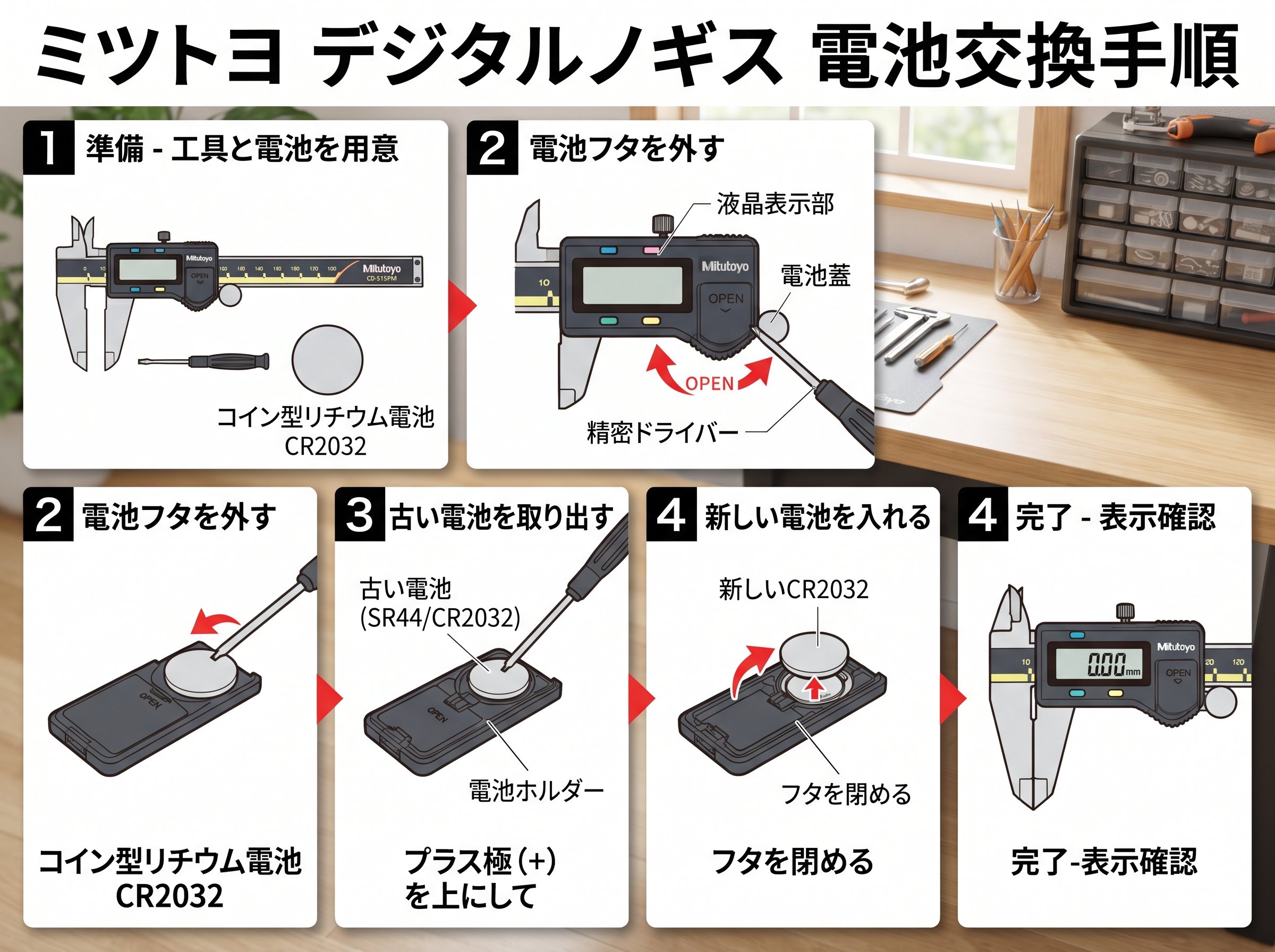 デジタルノギス ミツトヨの電池交換の具体的な手順