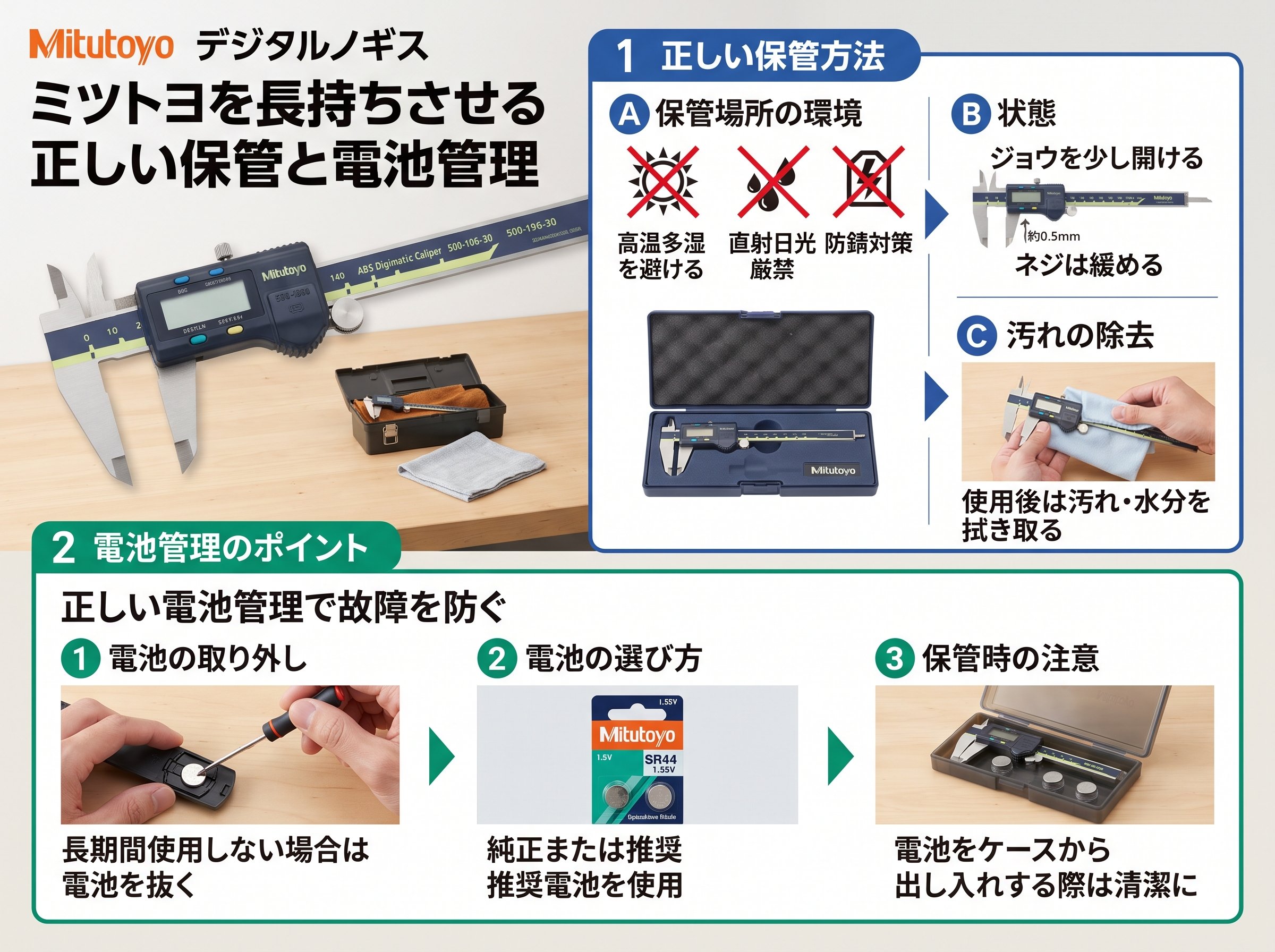 デジタルノギス ミツトヨを長持ちさせる正しい保管と電池管理