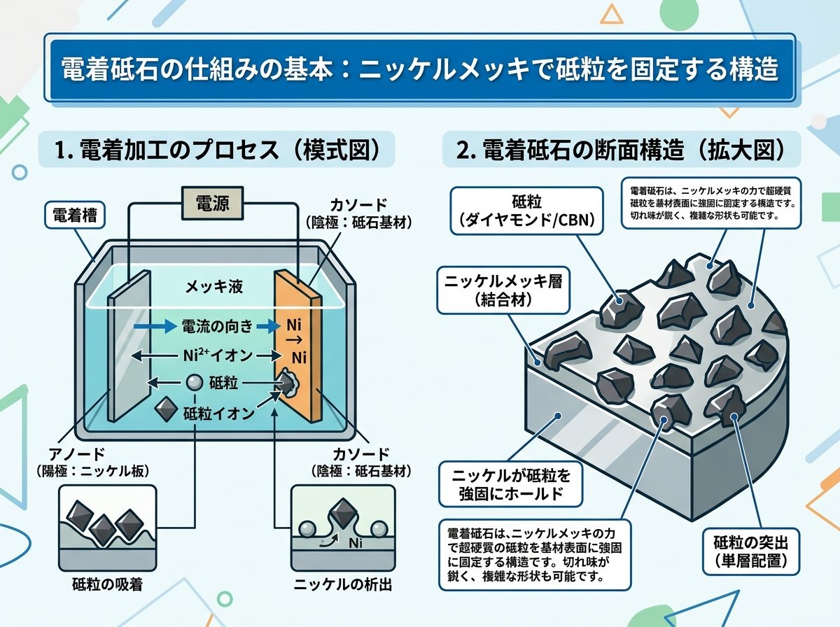 電着砥石の仕組みの基本:ニッケルメッキで砥粒を固定する構造