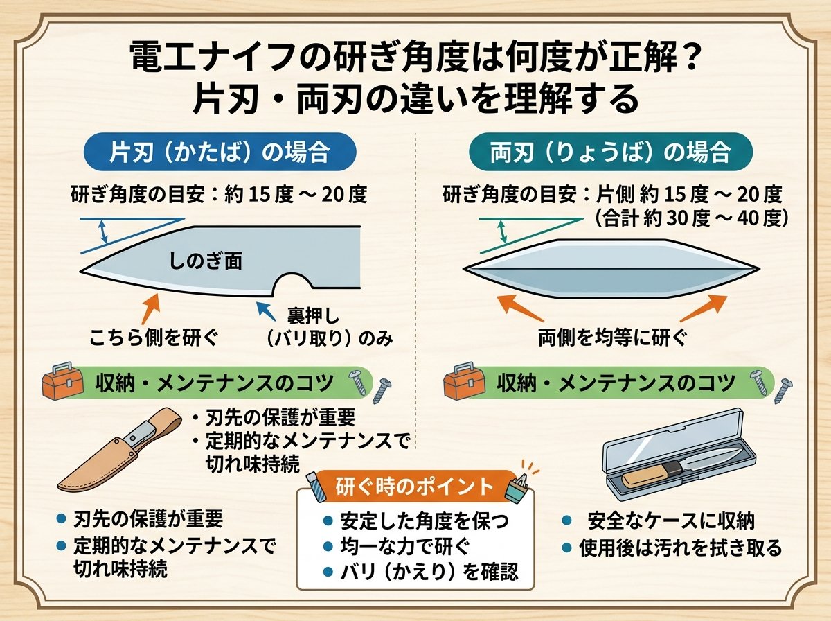 電工ナイフの研ぎ角度は何度が正解?片刃・両刃の違いを理解する