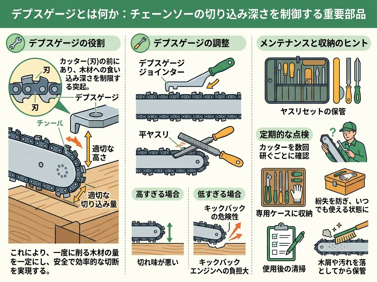 デプスゲージとは何か:チェーンソーの切り込み深さを制御する重要部品