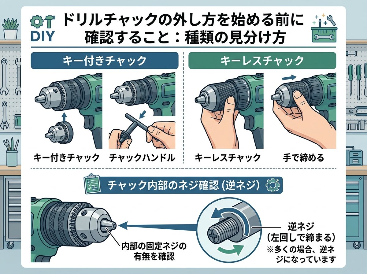 ドリルチャックの外し方を始める前に確認すること:種類の見分け方