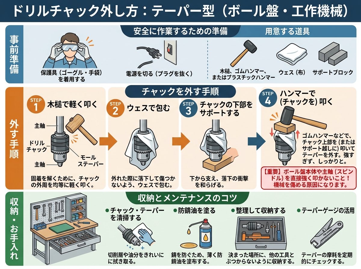ドリルチャック外し方:テーパー型(ボール盤・工作機械)