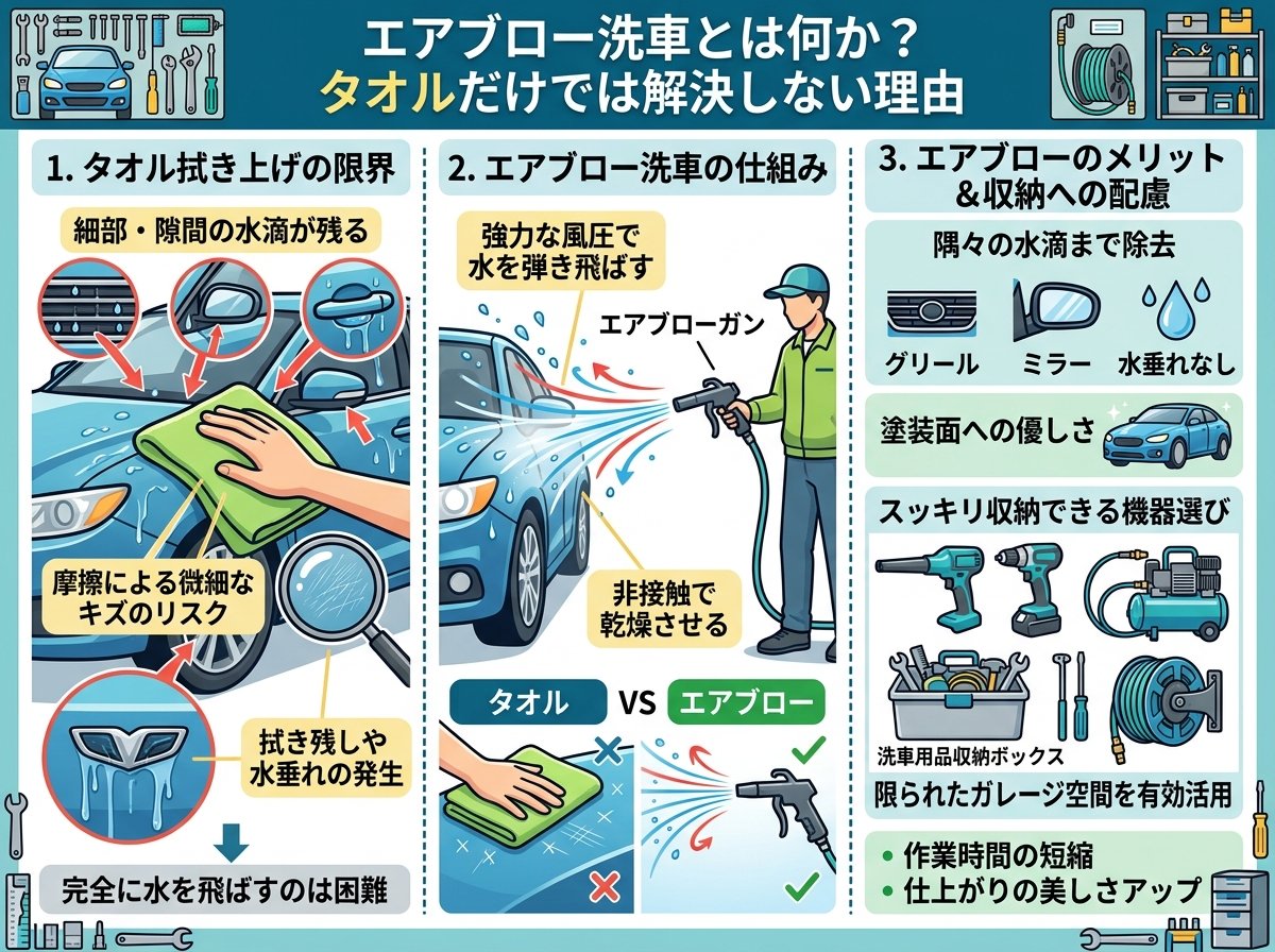 エアブロー洗車とは何か？タオルだけでは解決しない理由