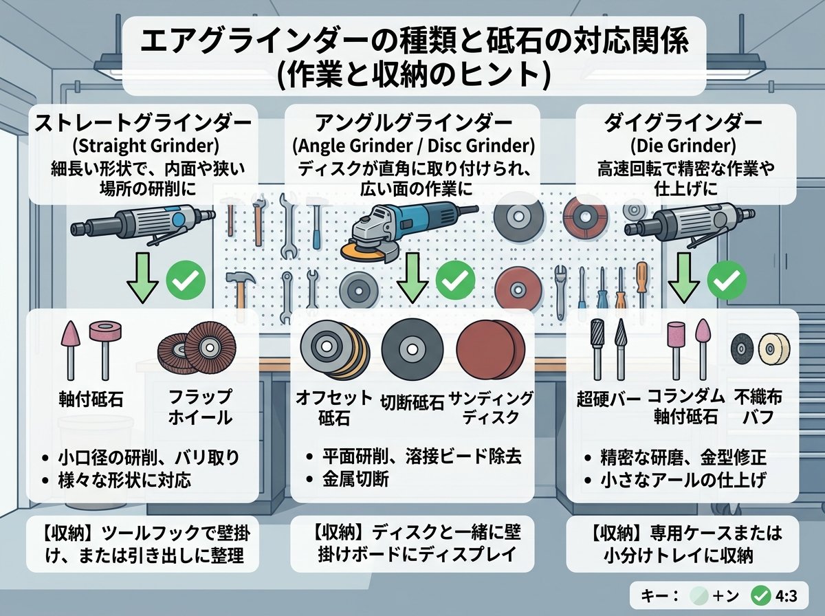 エアグラインダーの種類と砥石の対応関係を確認する