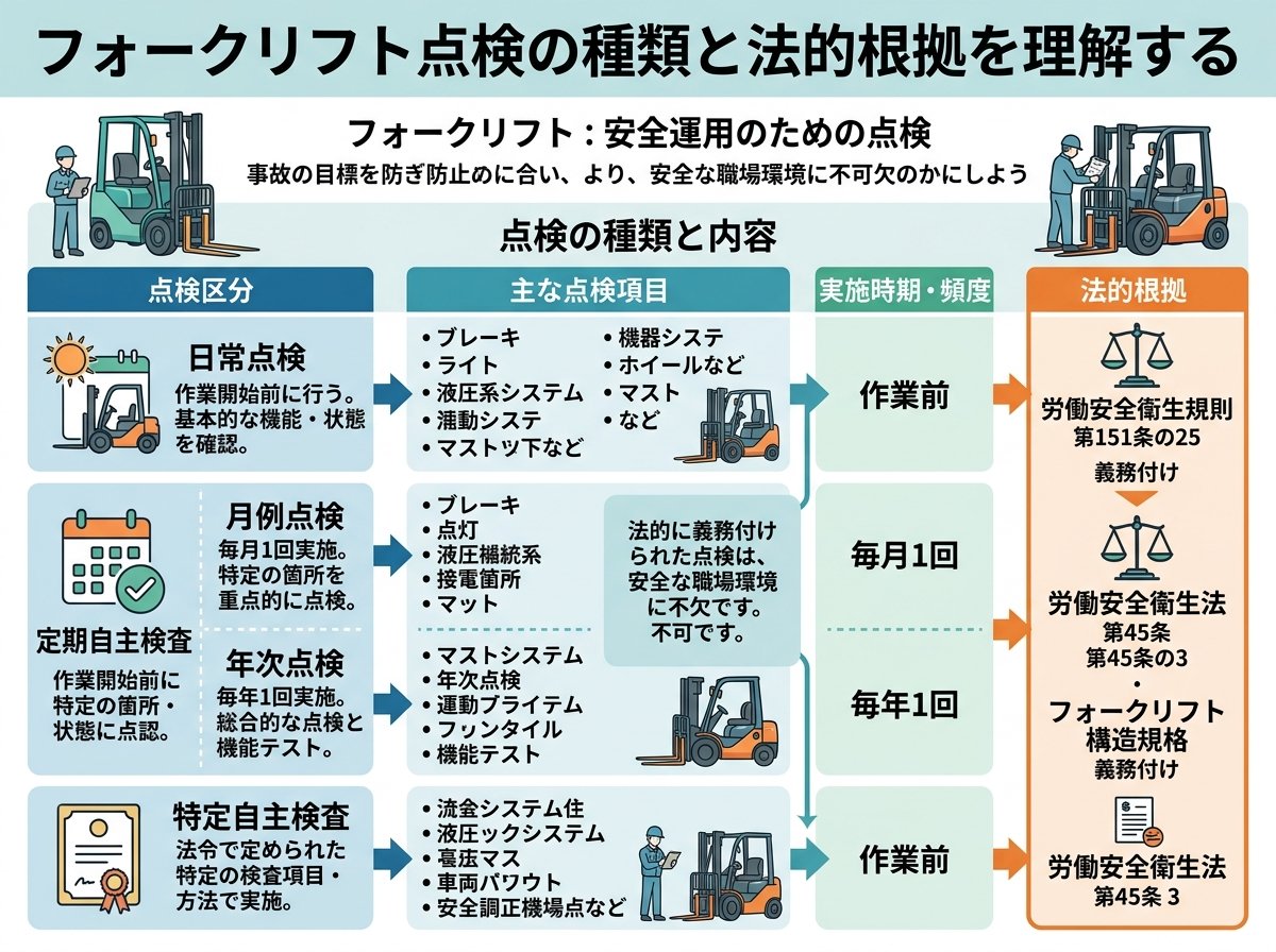 フォークリフト点検の種類と法的根拠を理解する