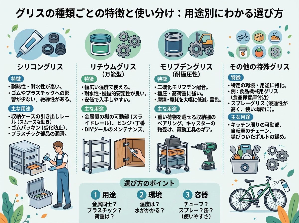 グリスの種類ごとの特徴と使い分け：用途別にわかる選び方