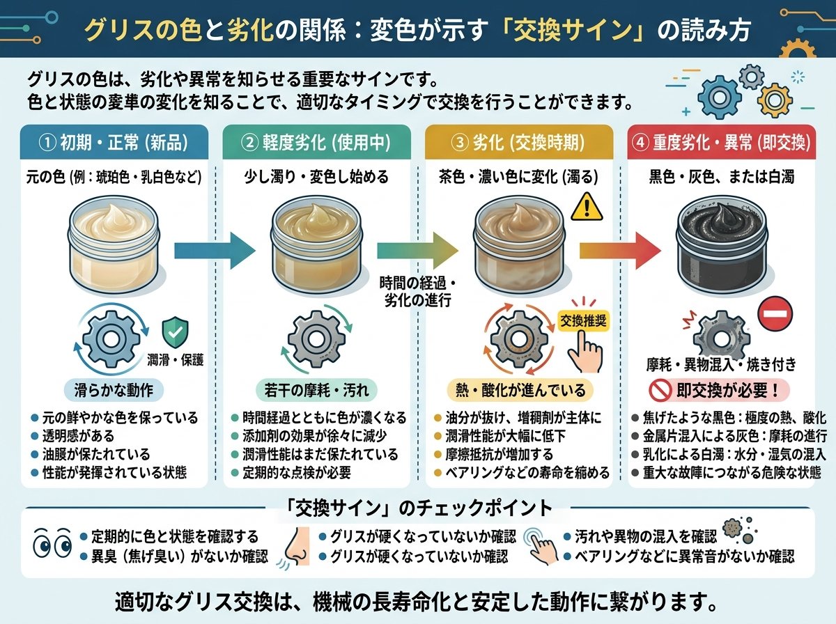 グリスの色と劣化の関係：変色が示す「交換サイン」の読み方