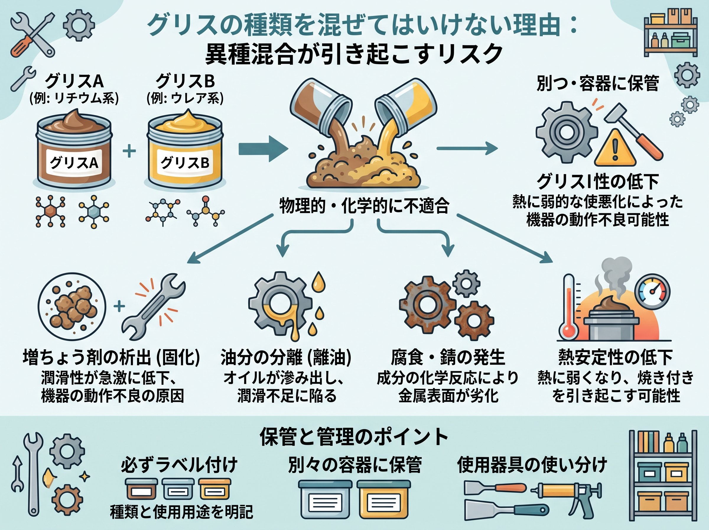 グリスの種類を混ぜてはいけない理由：異種混合が引き起こすリスク