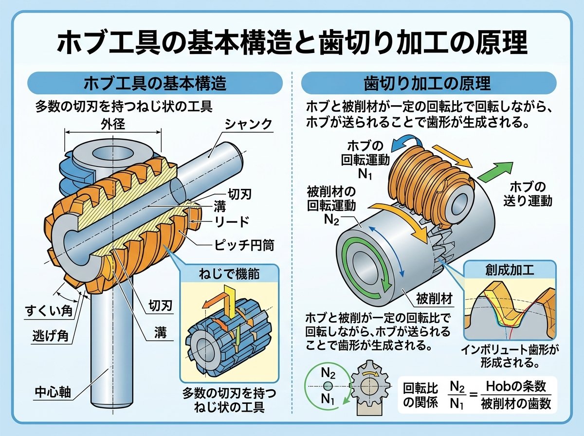 ホブ工具の基本構造と歯切り加工の原理