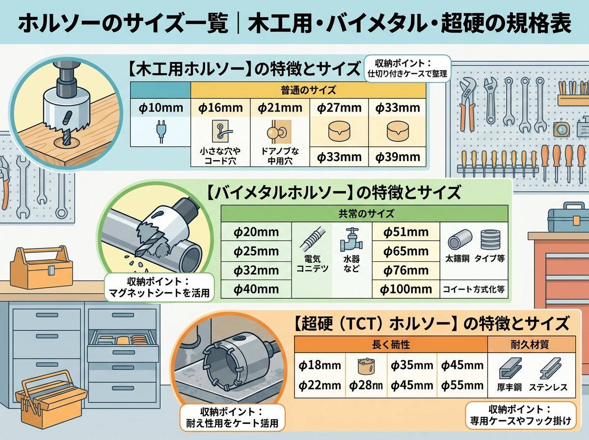 ホルソーのサイズ一覧|木工用・バイメタル・超硬の規格表