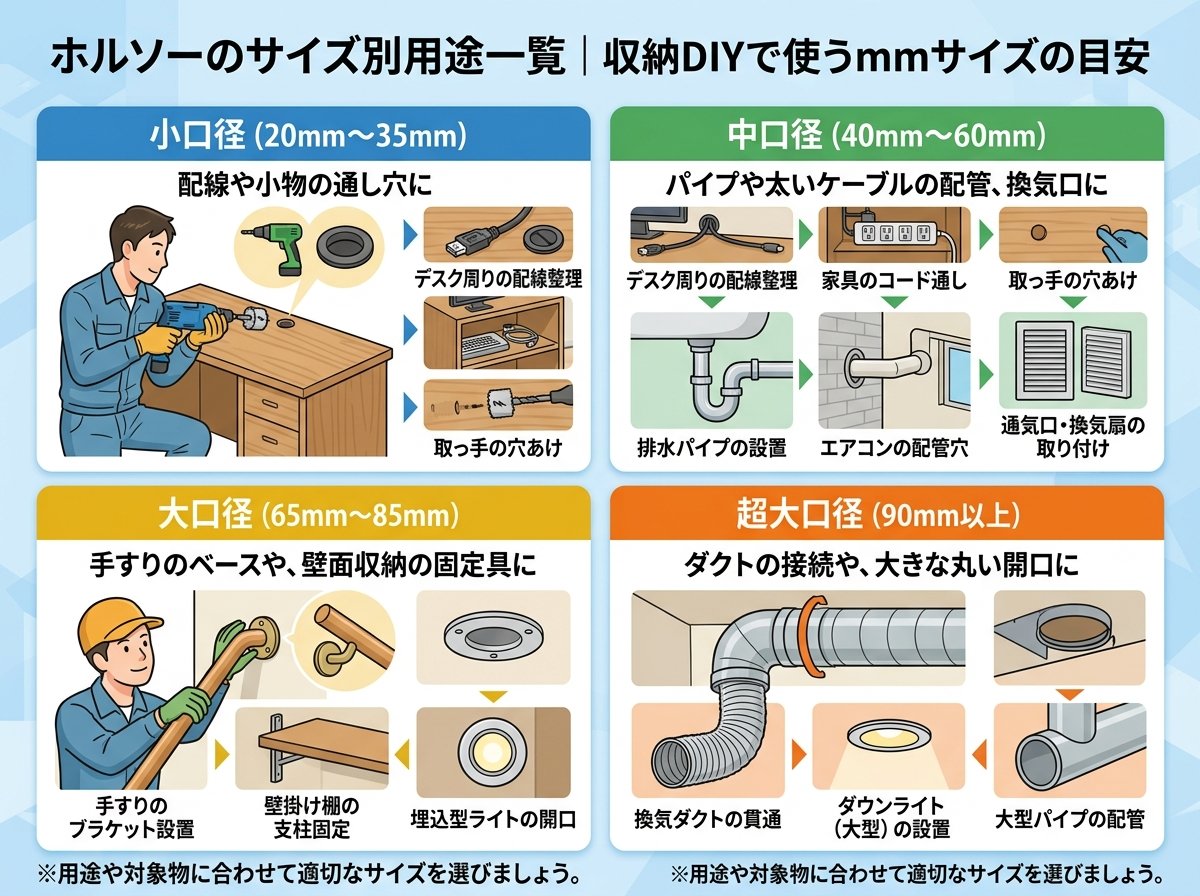 ホルソーのサイズ別用途一覧|収納DIYで使うmmサイズの目安