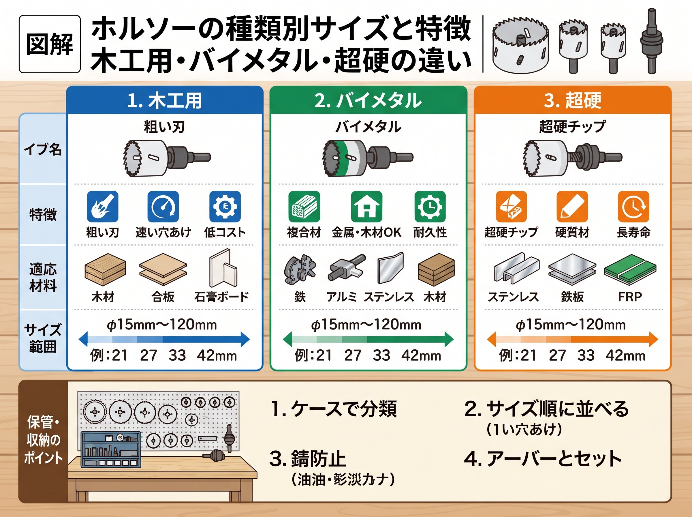 ホルソーの種類別サイズと特徴|木工用・バイメタル・超硬の違い