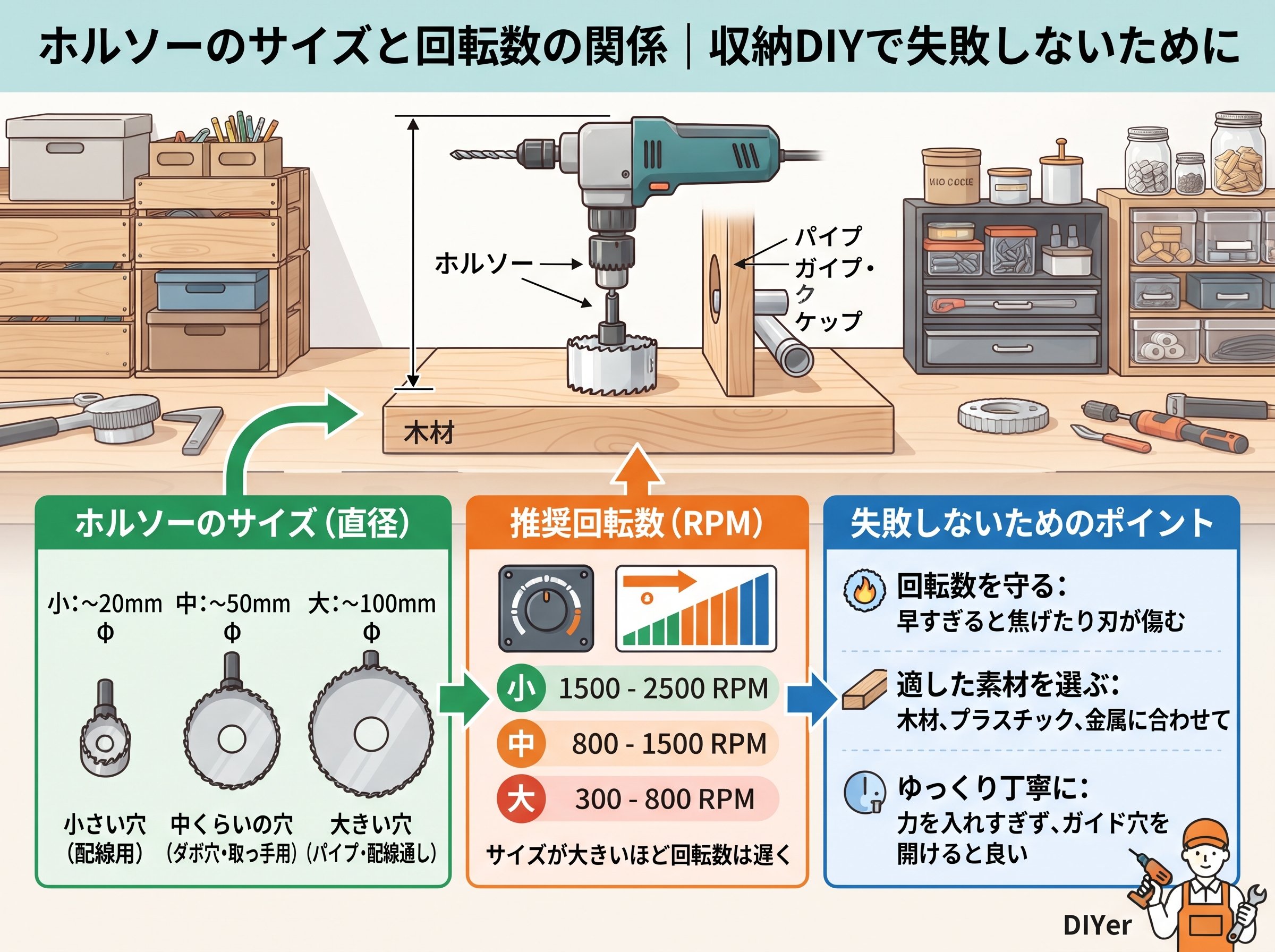 ホルソーのサイズと回転数の関係|収納DIYで失敗しないために
