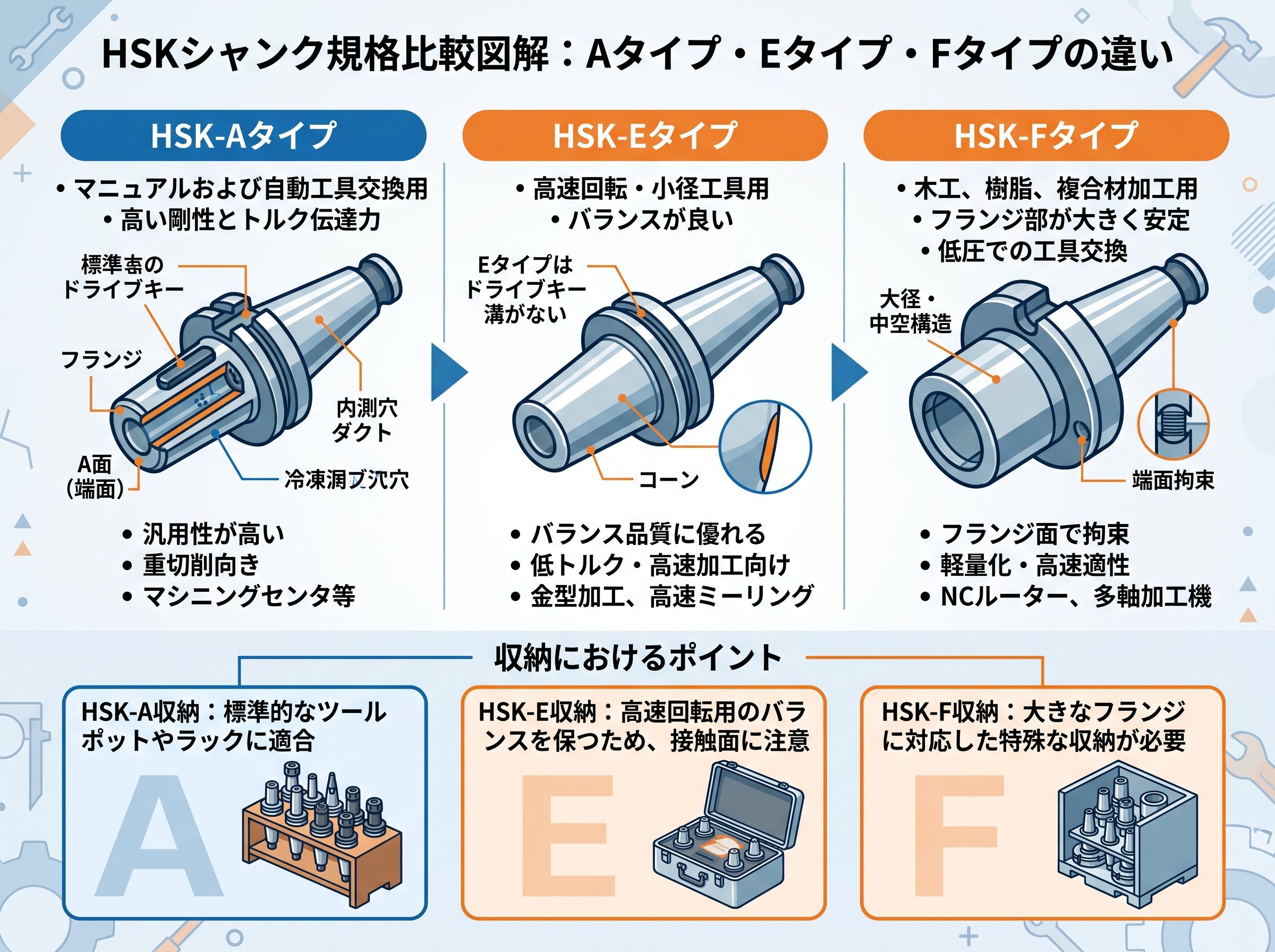 hskシャンク規格のAタイプ・EタイプFタイプの違いを比較