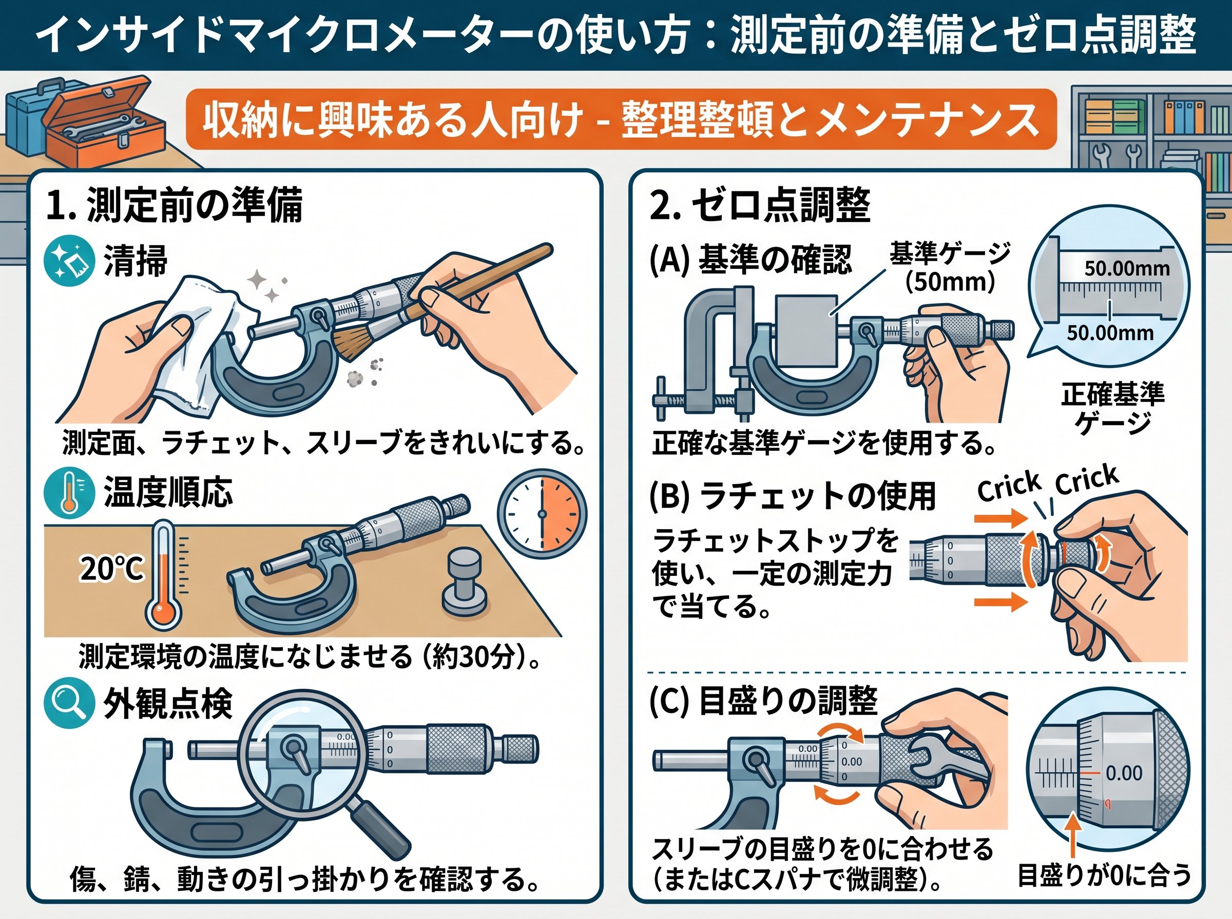 インサイドマイクロメーターの使い方:測定前の準備とゼロ点調整