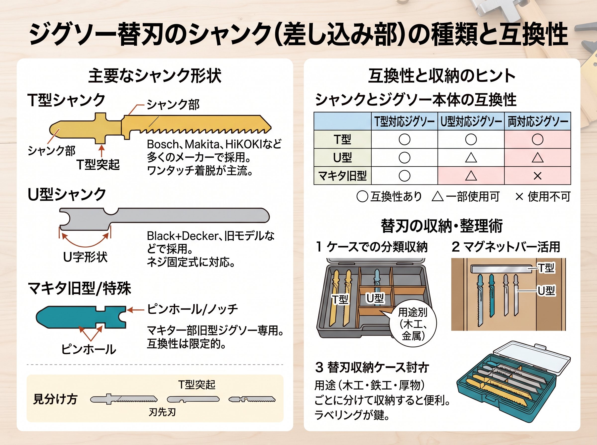 ジグソー替刃のシャンク(差し込み部)の種類と互換性