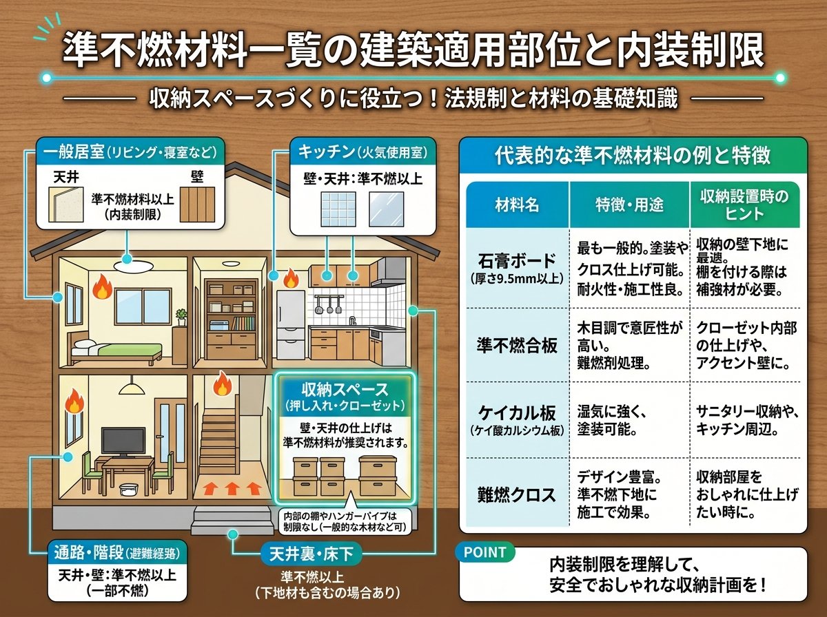 準不燃材料一覧の建築適用部位と内装制限