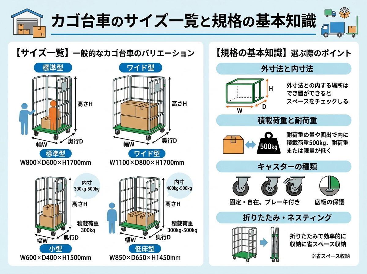 カゴ台車のサイズ一覧と規格の基本知識