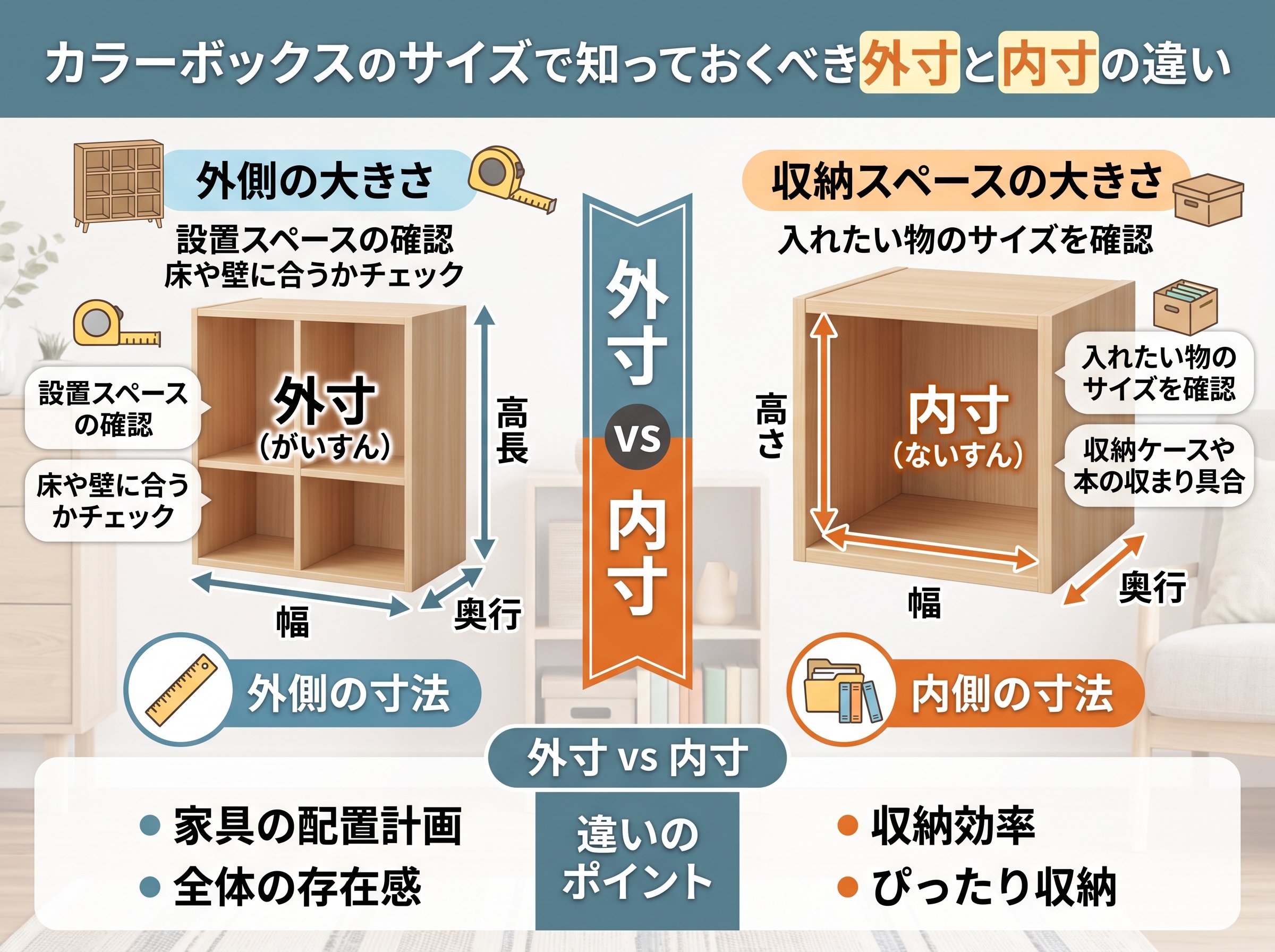 カラーボックスのサイズで知っておくべき外寸と内寸の違い