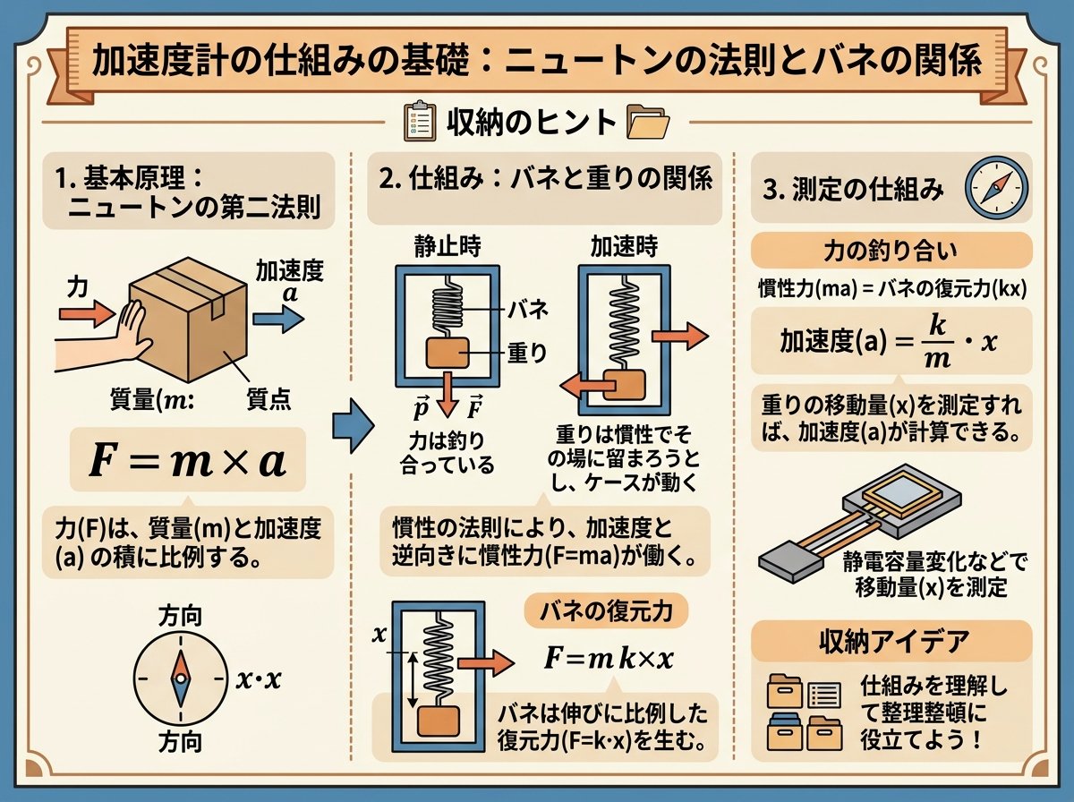 加速度計の仕組みの基礎:ニュートンの法則とバネの関係