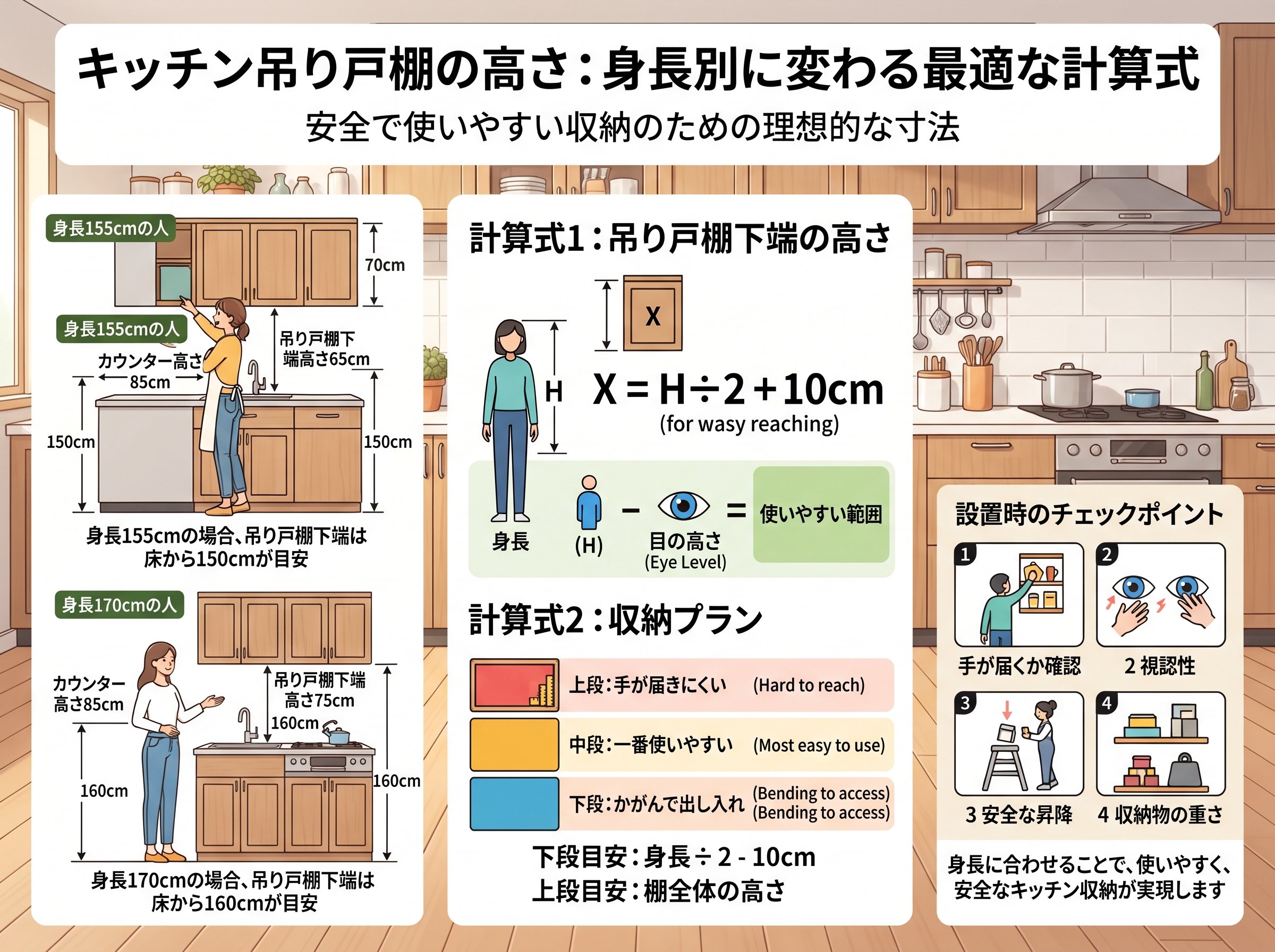 キッチン吊り戸棚の高さ：身長別に変わる最適な計算式