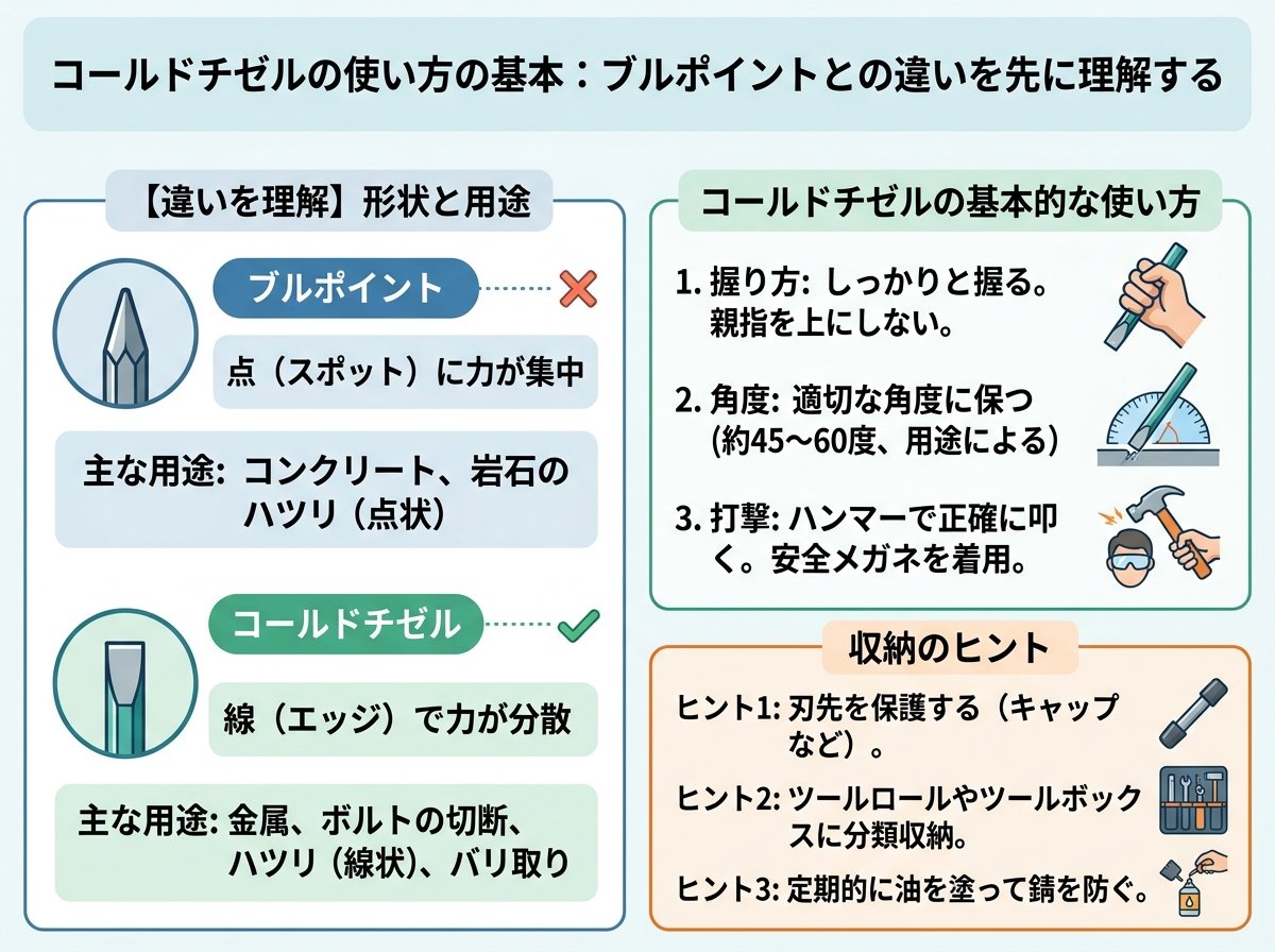 コールドチゼルの使い方の基本：ブルポイントとの違いを先に理解する