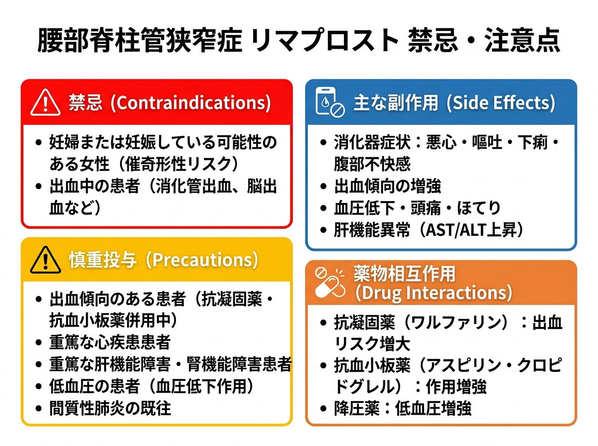腰部脊柱管狭窄症リマプロスト禁忌注意点
