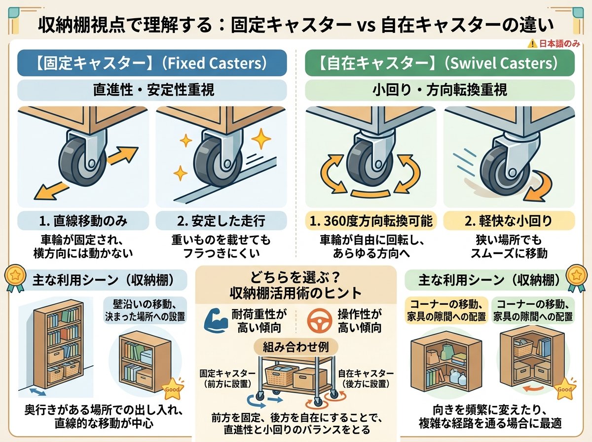 固定キャスターと自在キャスターの違いを収納棚視点で理解する