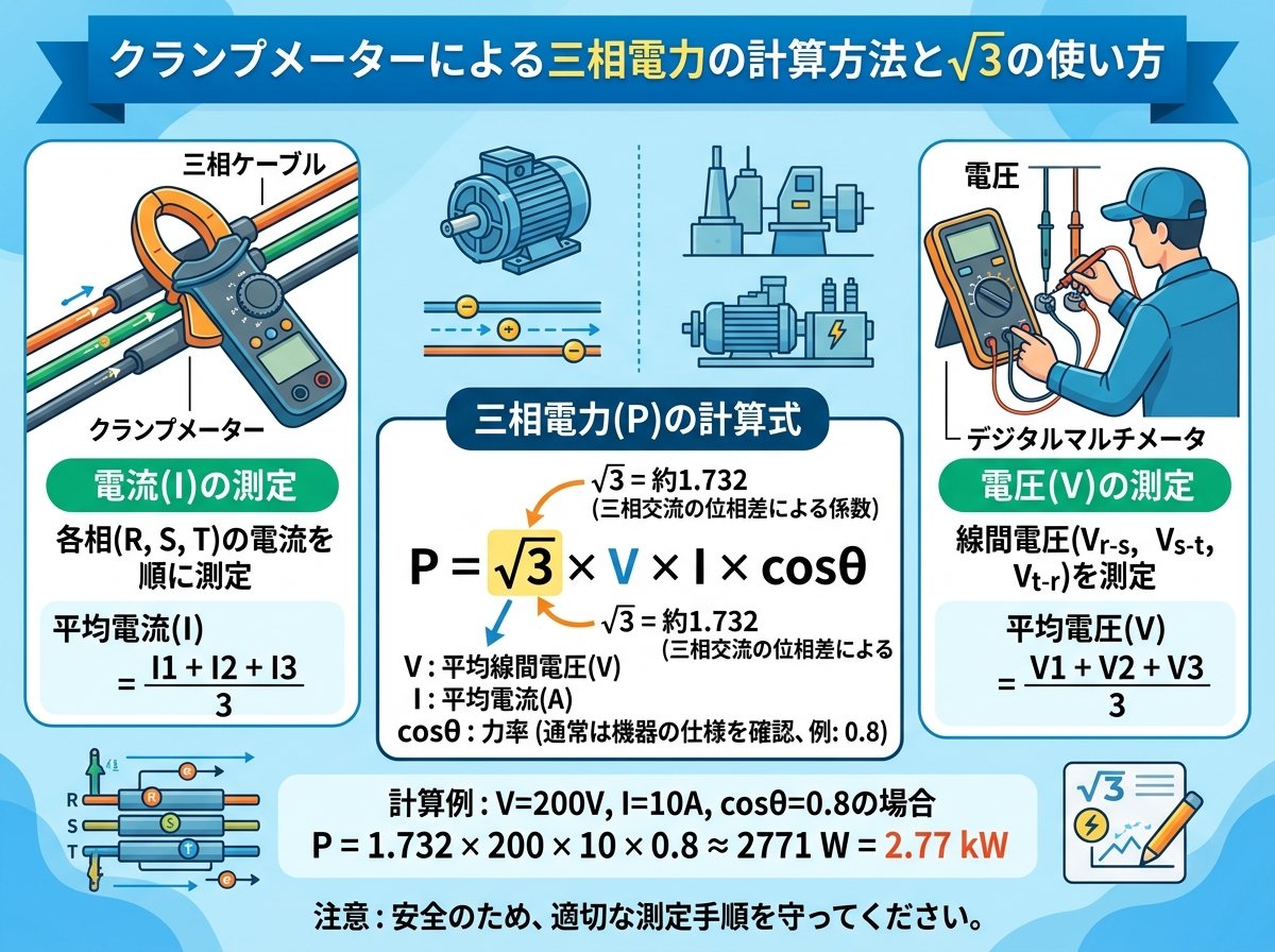 クランプメーターによる三相電力の計算方法と√3の使い方