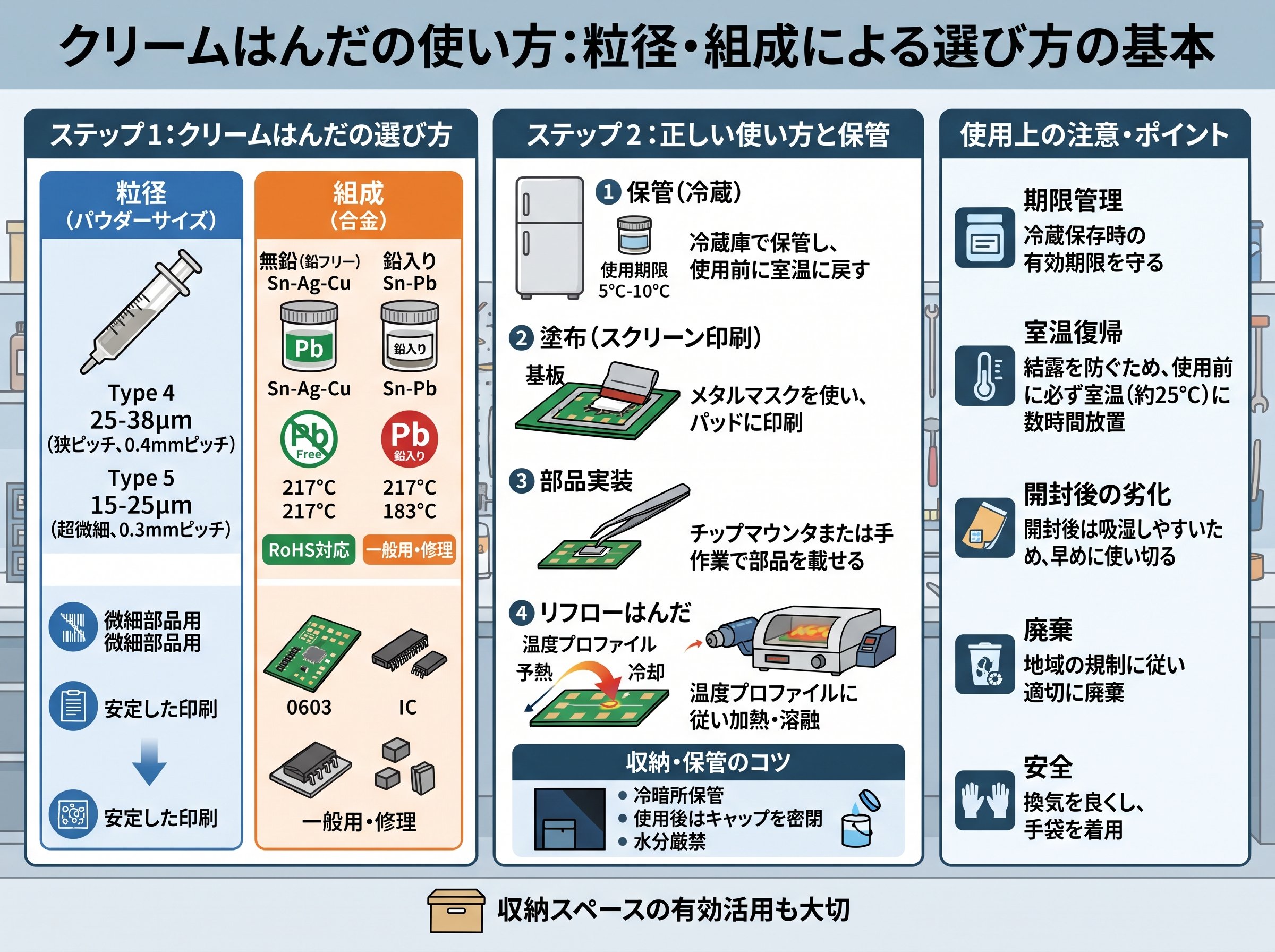 クリームはんだの使い方:粒径・組成による選び方の基本