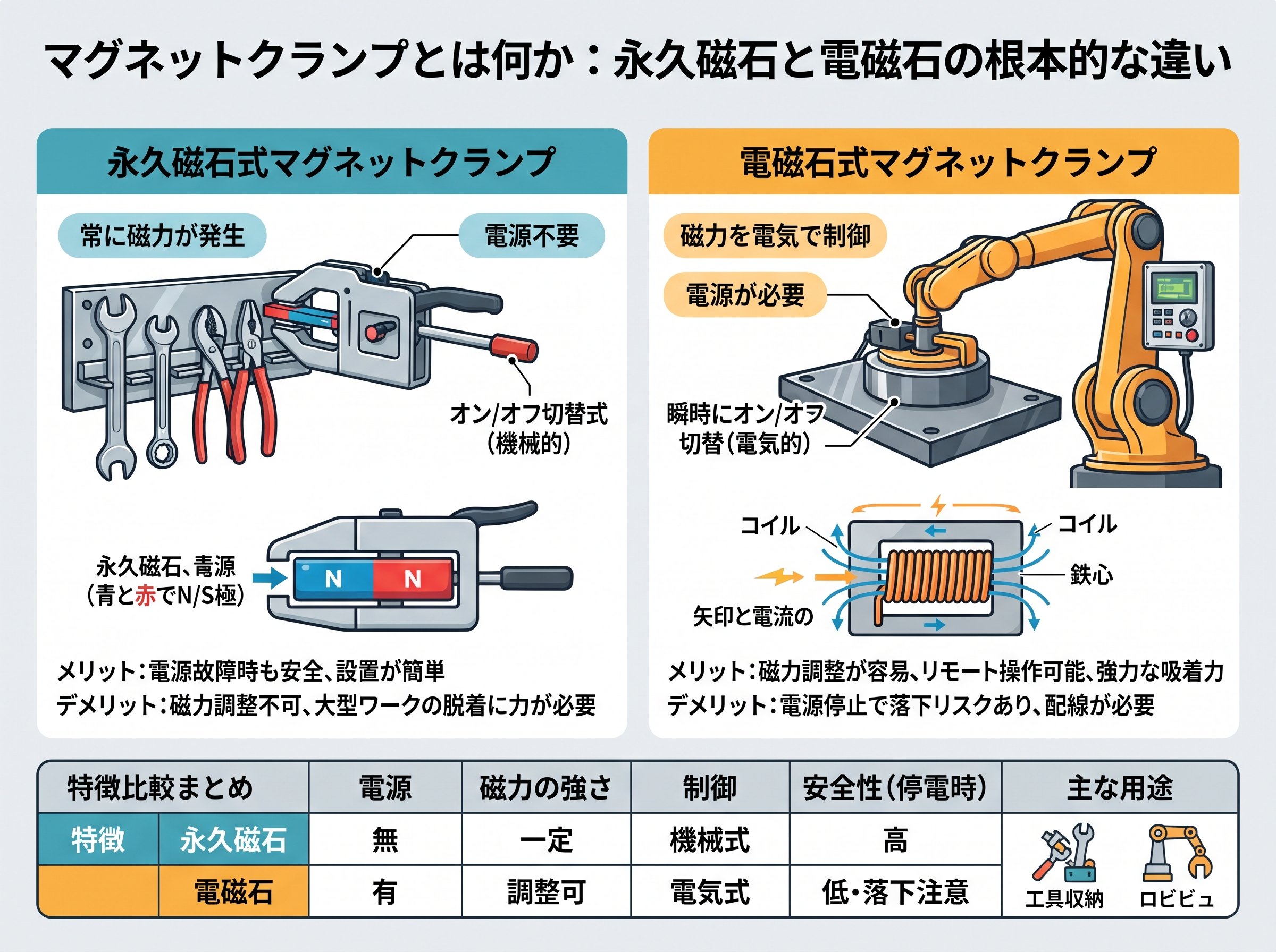 マグネットクランプとは何か:永久磁石と電磁石の根本的な違い