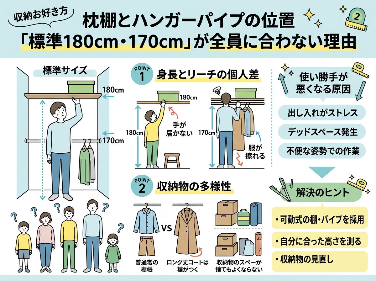 枕棚とハンガーパイプの位置「標準180cm・170cm」が全員に合わない理由