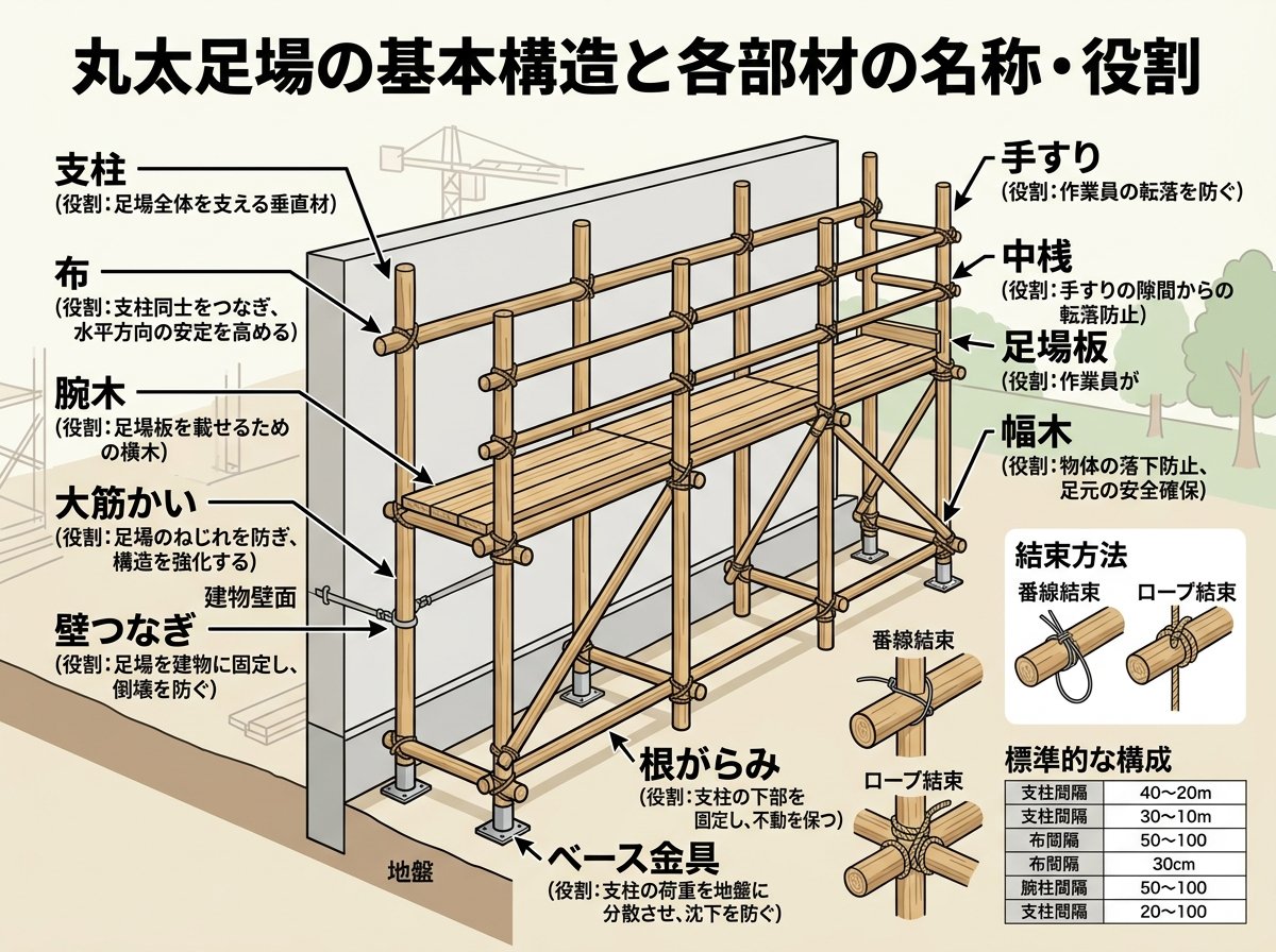 丸太足場の基本構造と各部材の名称・役割