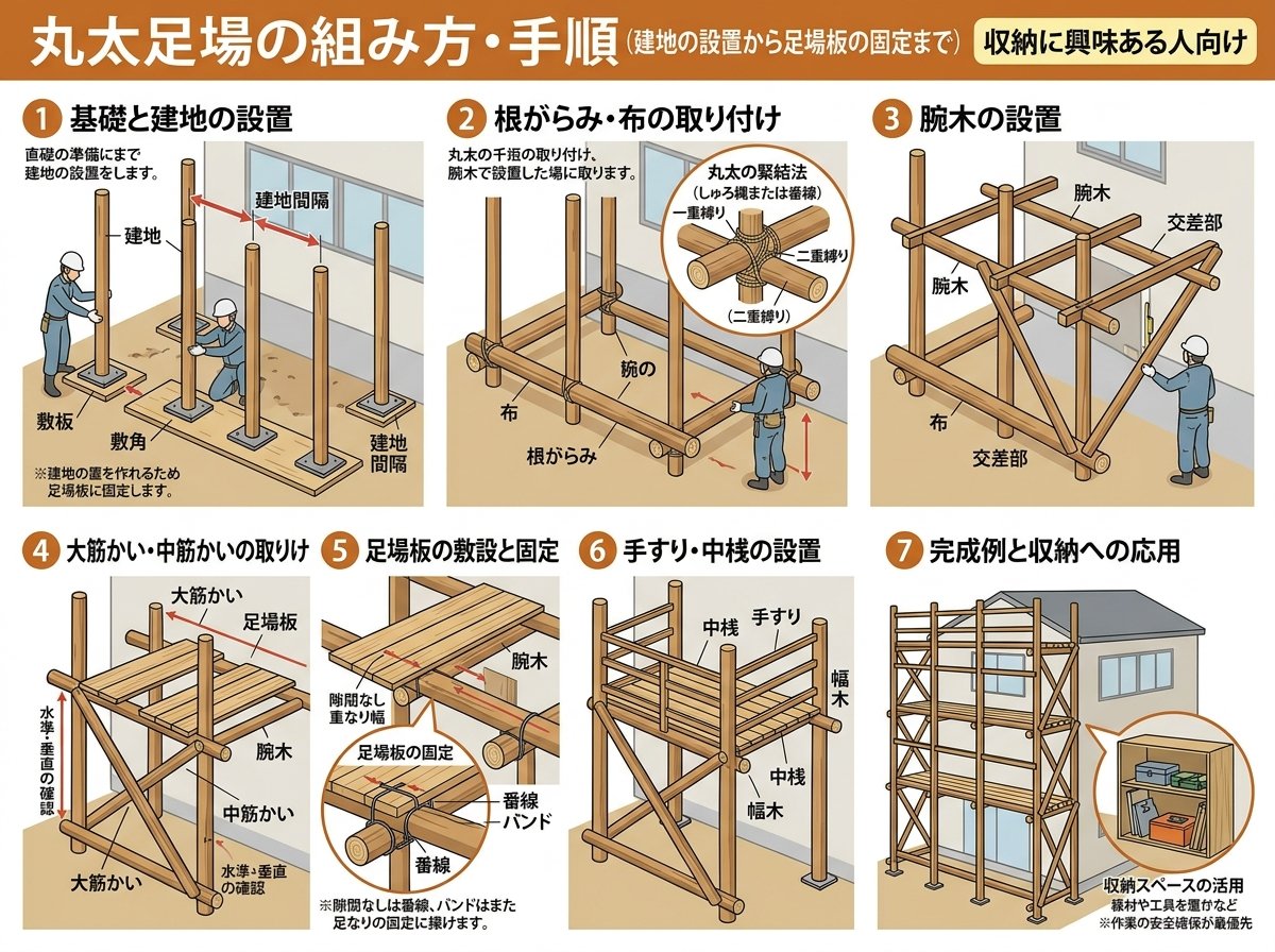 丸太足場の組み方・手順(建地の設置から足場板の固定まで)